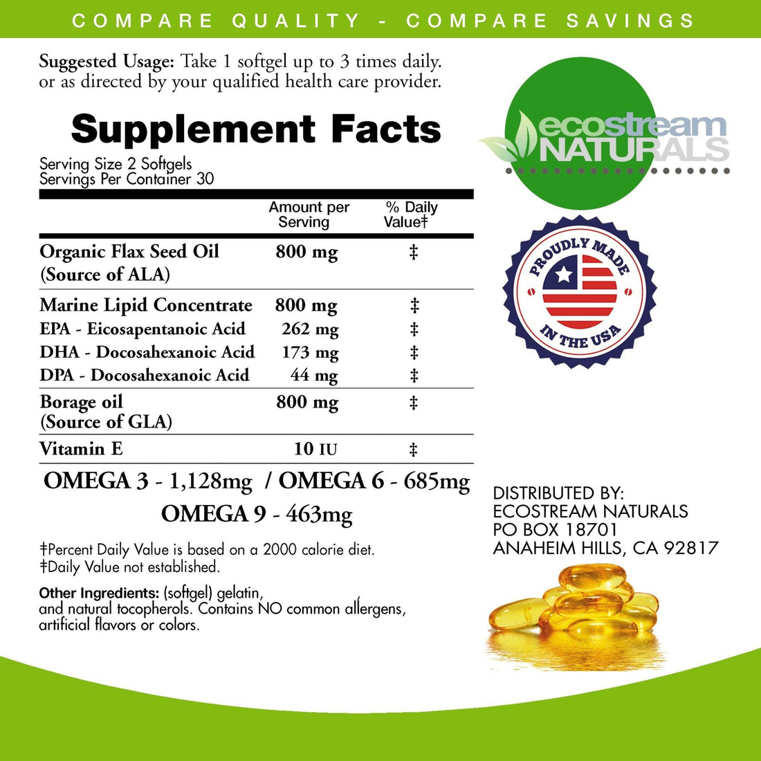 Omega 3-6-9 Blend with DPA, EPA, DHA, ALA and GLA and Organic Flax Seed Oil, Over 2,800 Milligram Strength - Gluten Free - Made in The USA - 60 SoftGels