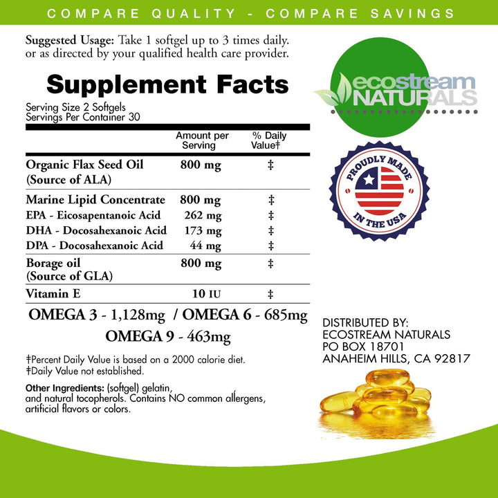 Omega 3-6-9 Blend with DPA, EPA, DHA, ALA and GLA and Organic Flax Seed Oil, Over 2,800 Milligram Strength - Gluten Free - Made in The USA - 60 SoftGels