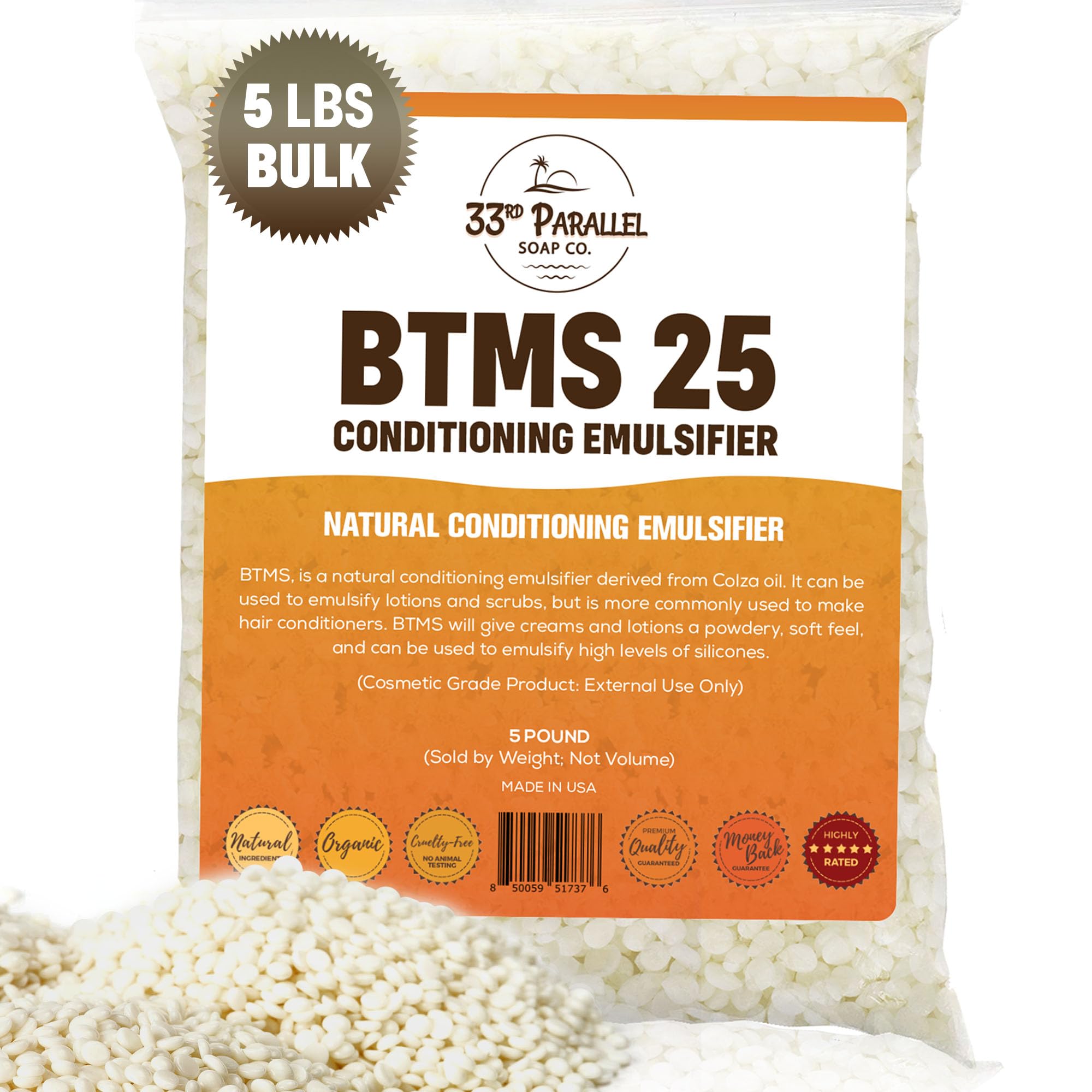 33RD PARALLEL | BTMS 25 (5 lbs / 80 oz) Bulk Conditioning Emulsifier | Behentrimonium Methosulfate Cetearyl Alcohol Emulsifying Conditioner | (5 POUNDS)
