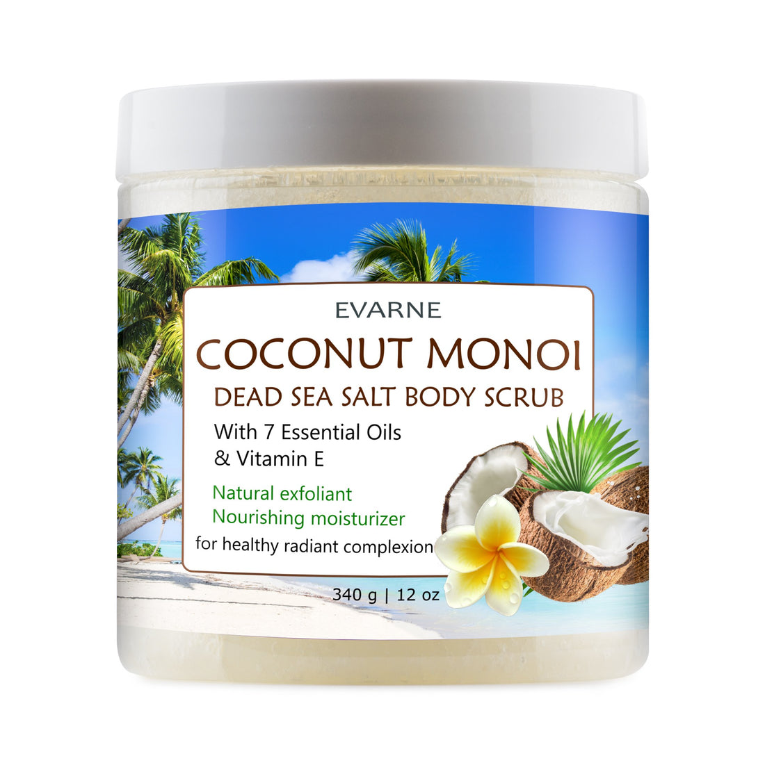 Evarne Coconut Monoi Dead Sea Salt Body Scrub with 7 Essential Oils and Vitamin E