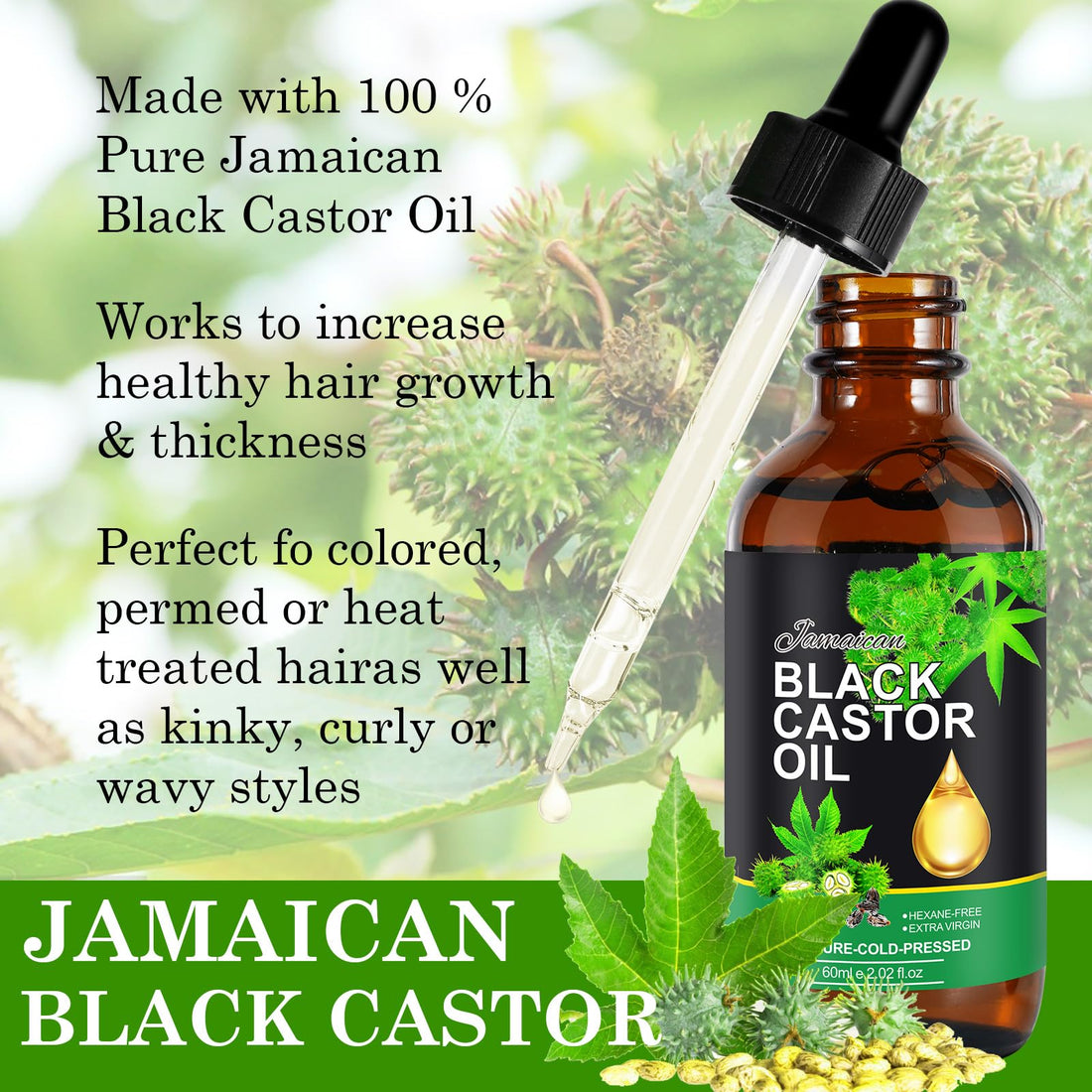 Jamaican Black Castor Oil, Pure Natural Castor Oil for Hair Growth, Castor Oil Organic Cold Pressed Unrefined, Deep Cleansing, Skin & Scalp Moisturizer, Nail Care Grow - 2.02 Fl.Oz