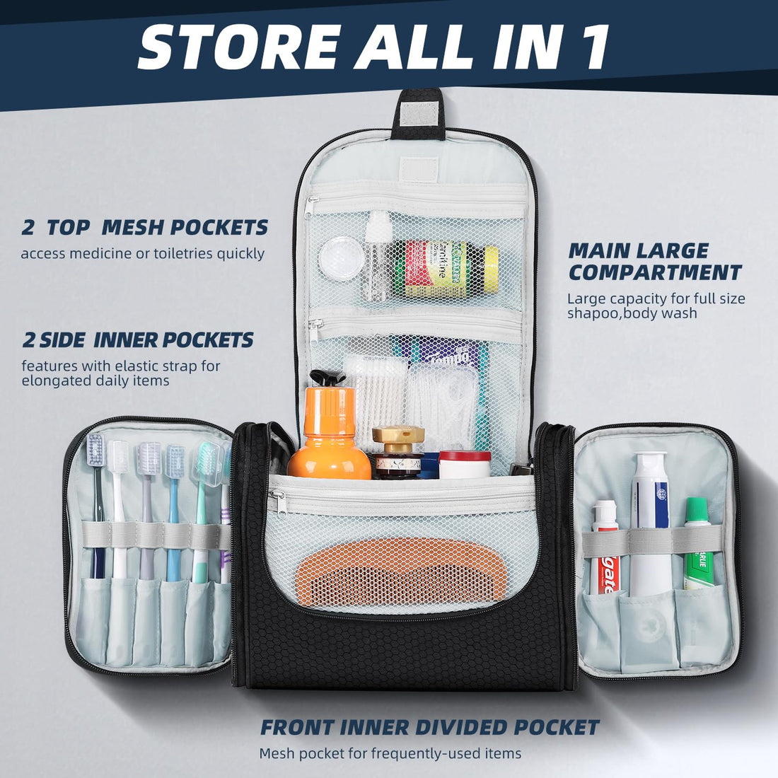 Buruis Large Capacity Toiletry Bag for Women and Men, Hanging Toiletry Organizer Cosmetics Makeup Bag, Water-resistant Dopp kit Shaving Bag for Full Sized Toiletries, Travel Essentials (Black)