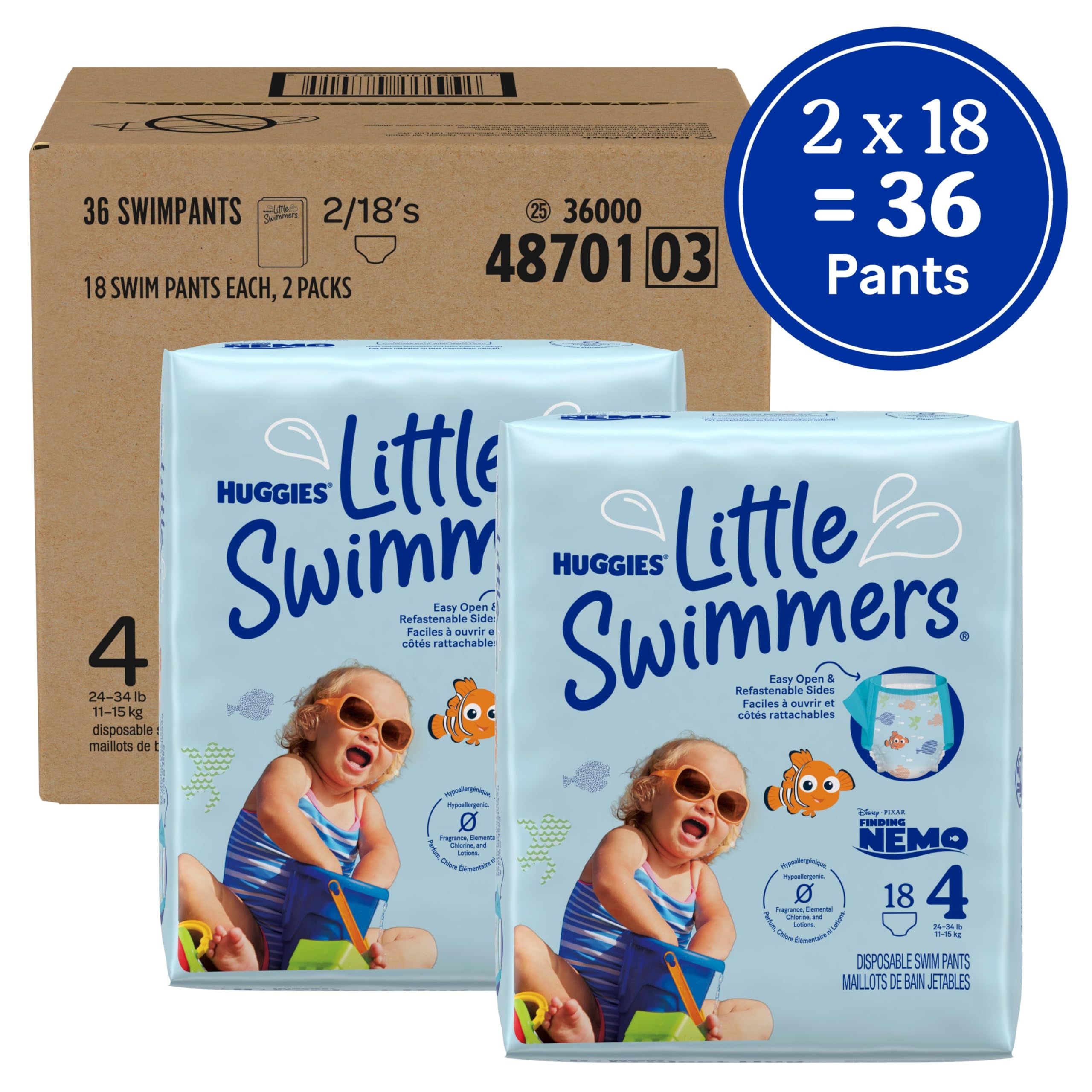 Huggies Little Swimmers Disposable Swim Diapers, Size 4 (24-34 lbs), 36 Ct (2 packs of 18), Packaging May Vary