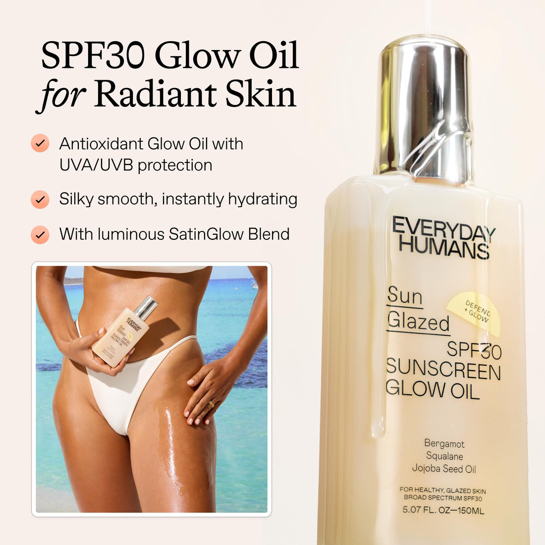 Everyday Humans Sun Glazed SPF30 Sheer Body Glow Oil with Gold Mica | Hydrating Non-Sticky Glowing UV Protection Cruelty Free 5.1 Fl Oz | Bergamot, Squalane, Jojoba Seed Oil | UVA/UVB Broad Spectrum
