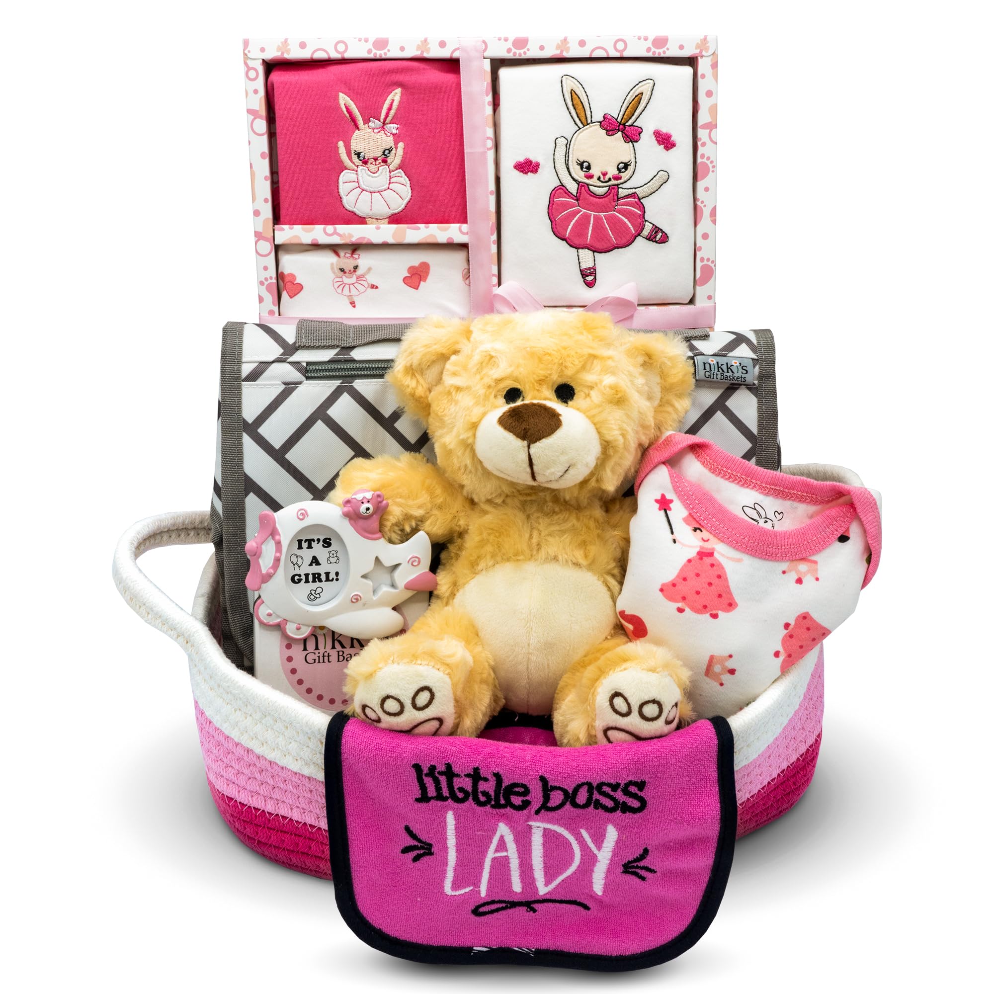 Welcome Home Precious Baby Gift Set | Newborn Baby Girl Gift Set with Baby Essentials | Gift for Expecting Moms and Gender Reveals | Baby Layette Set | Pink Baby Gift Basket | Nikki's Gift Baskets