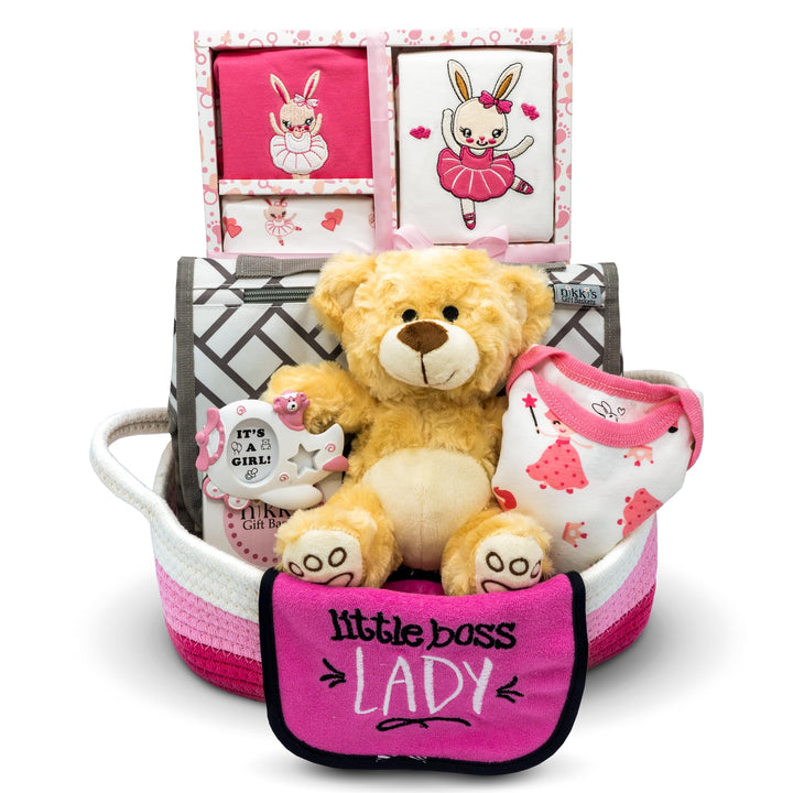Welcome Home Precious Baby Gift Set | Newborn Baby Girl Gift Set with Baby Essentials | Gift for Expecting Moms and Gender Reveals | Baby Layette Set | Pink Baby Gift Basket | Nikki's Gift Baskets