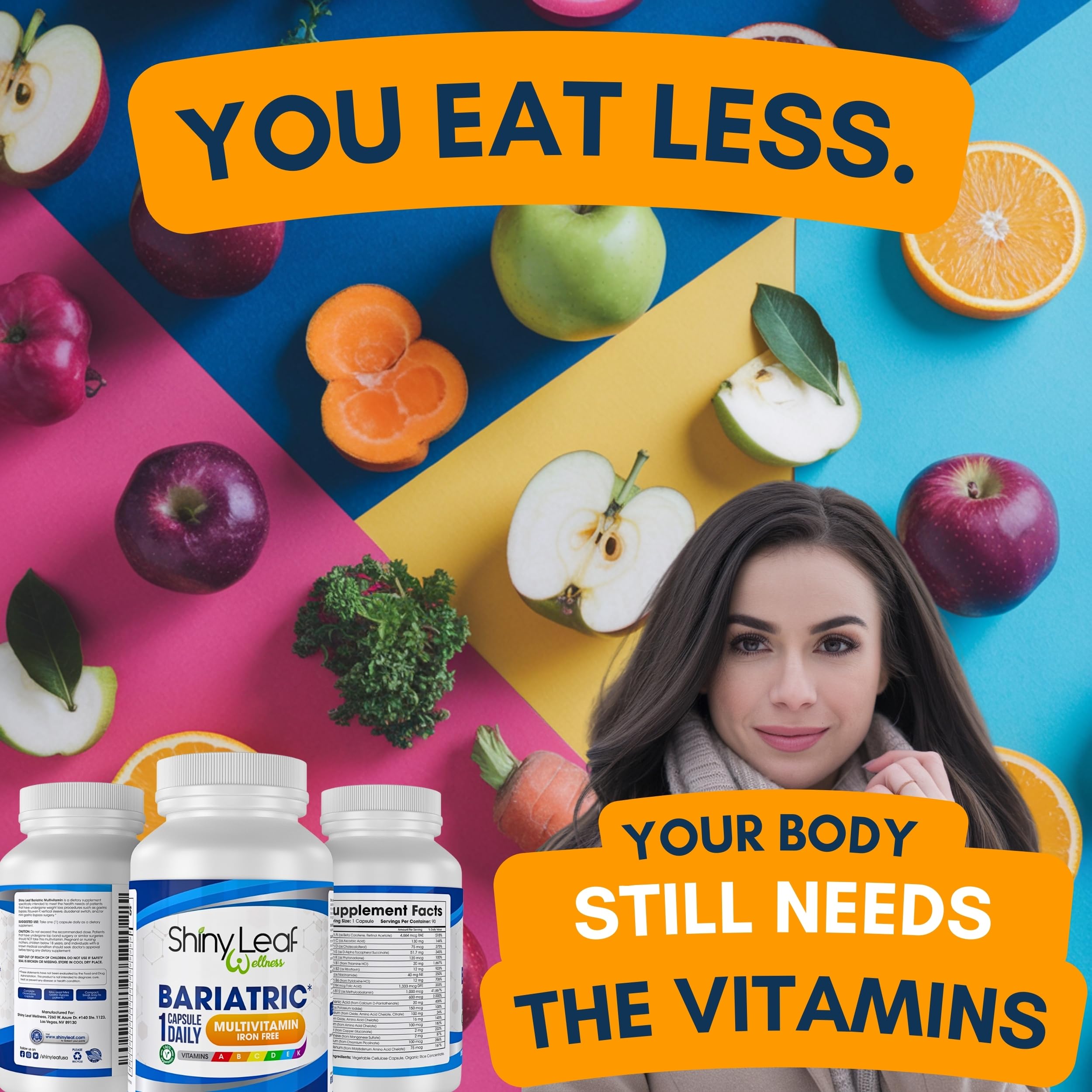 Shiny Leaf Bariatric Multivitamin Iron-Free Capsules for Post Bariatric Surgery Patients, Once Daily Bariatric Vitamins Without Iron for WLS, Sleeve, Gastric Bypass Surgery (3 Months / 90 Caps)