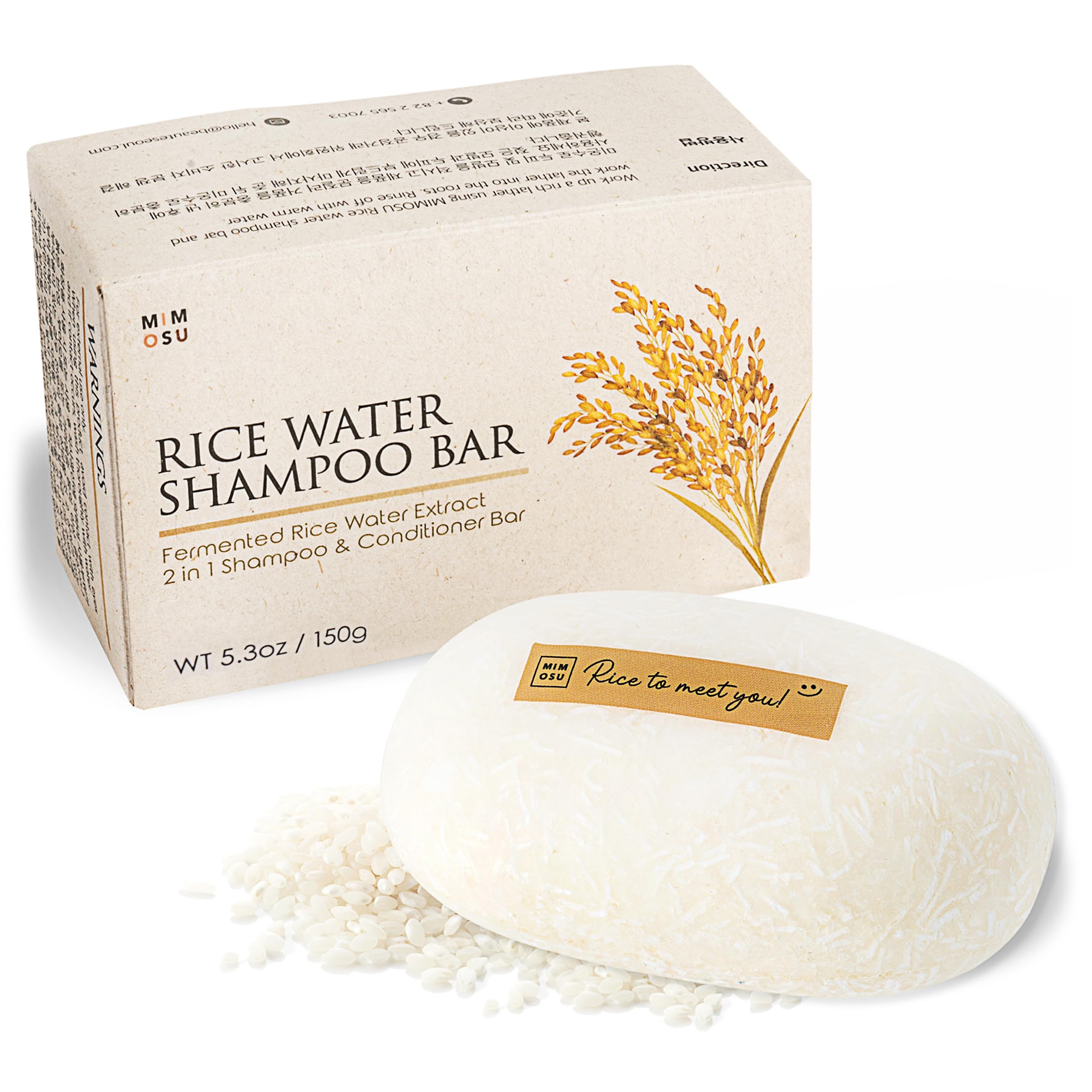 mimosu Hair Growth Shampoo Bar, Fermented Rice Water 2-in-1 Shampoo & Conditioner, 5oz, Unscented, pH Balanced, Solid Bar for Oily Hair, Korean Hair Care
