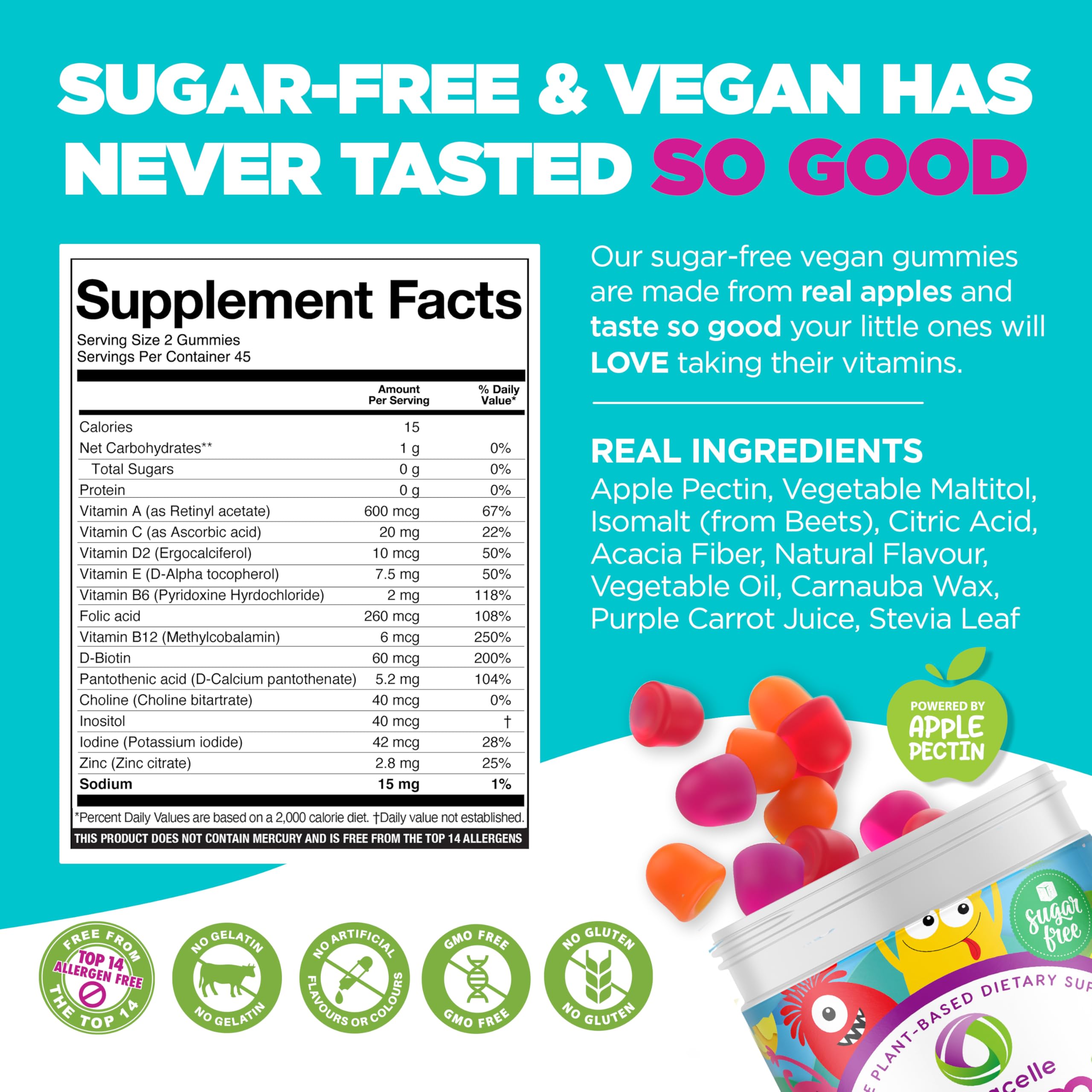 Nutracelle NUTRAMIN Sugar-Free, Allergen-Free 100% Vegan Gummy Multivitamins for Kids - Great Tasting Natural Gummies Your Kids Will Love - 90 Count Bottle