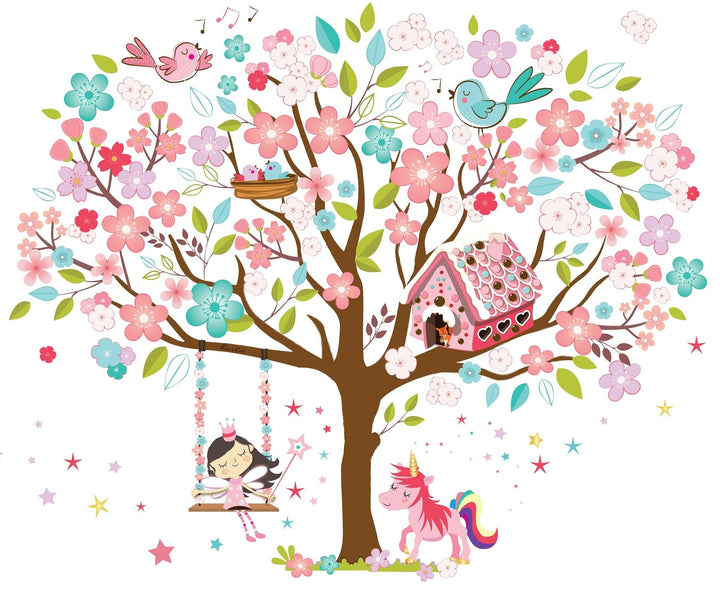 Kath & Cath Unicorn Wall Decal, Pink Fairy Cherry Blossom Tree Wall Sticker for Girls Kids Bedroom Play Room Wall Mural Wall Home Decoration