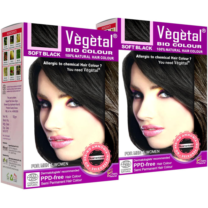 Vegetal Bio Hair Colour Soft Black 50g (Pack of 2) Achieve Natural, Ammonia-Free Hair Color PPD-Free, 100% Herbal Certified Organic for Men & Women UV Protection & Luster Maintenance Complete Kit