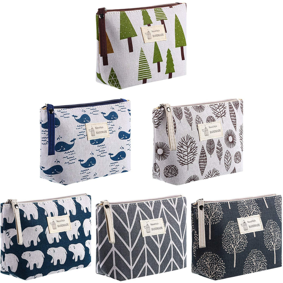 Boao 6 Pieces Canvas Cosmetic Bags Pouches for Purse with Zipper Printed Makeup Bag Multi Function Canvas Travel Pouch Organizer Pouch for Women Vacation Travel, 6 Styles(Tree Style)