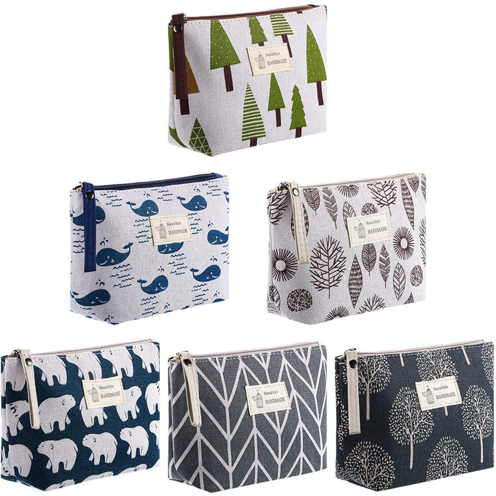 Boao 6 Pieces Canvas Cosmetic Bags Pouches for Purse with Zipper Printed Makeup Bag Multi Function Canvas Travel Pouch Organizer Pouch for Women Vacation Travel, 6 Styles(Tree Style)
