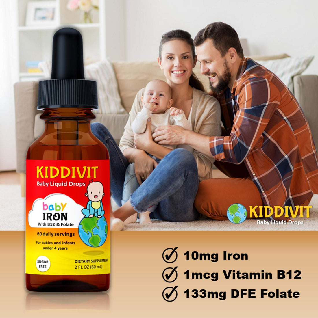 Kiddivit Baby Iron Liquid Drops with Vitamin B12 & Folate - 60 Daily Servings, 2 Fl Oz (60 mL) - Inulin Fortified (Prebiotic, Dietary Fiber) - Sugar Free, Gluten Free, Vegetarian Friendly