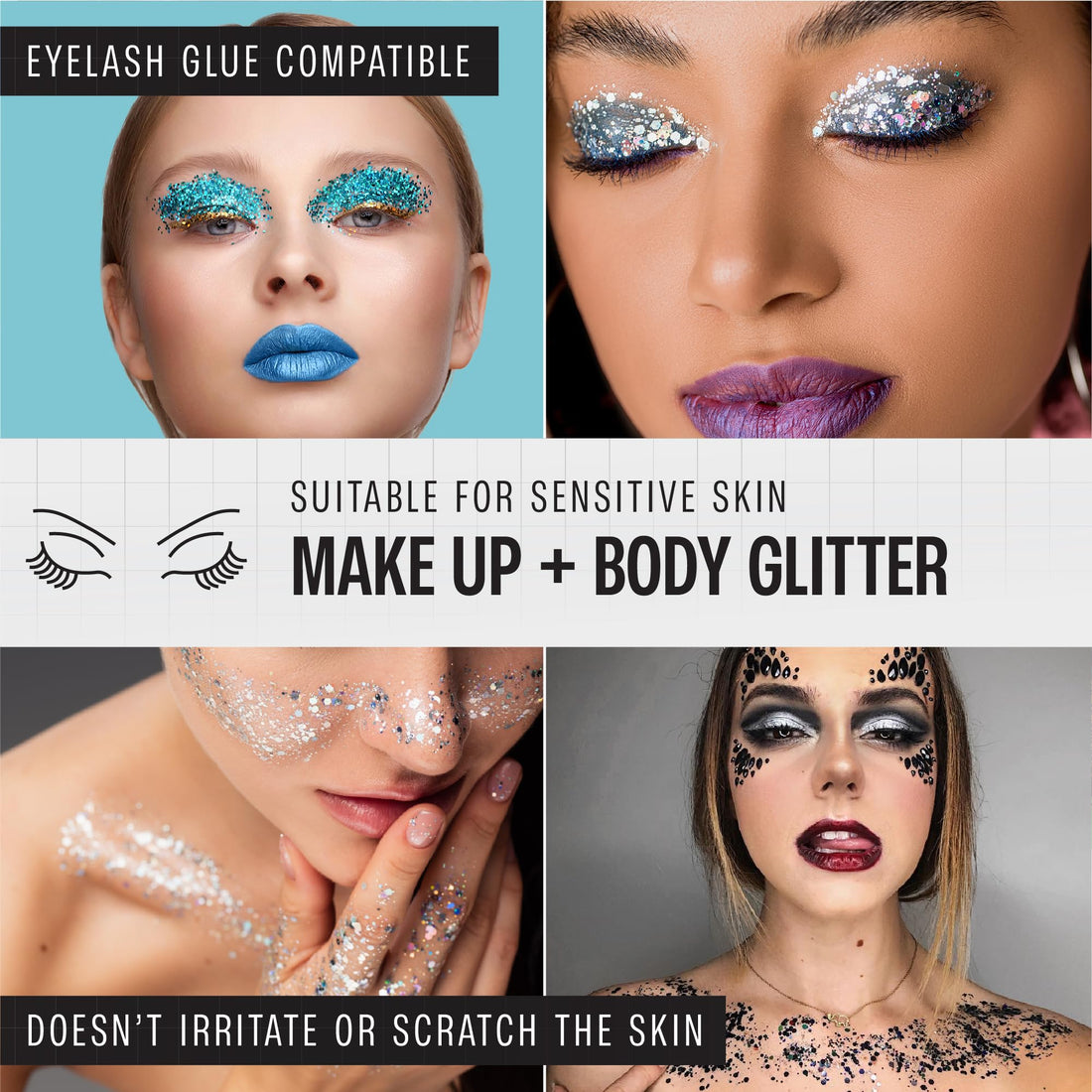 Chunky Holographic Body Glitter I 16 Colors + Glitter Glue for Face Glitter Makeup, Hair, Eye & Fine Glitter Eyeshadow - Perfect for Halloween, Slime, Resin, Tumblers, Craft, Cosmetic & Nail Art