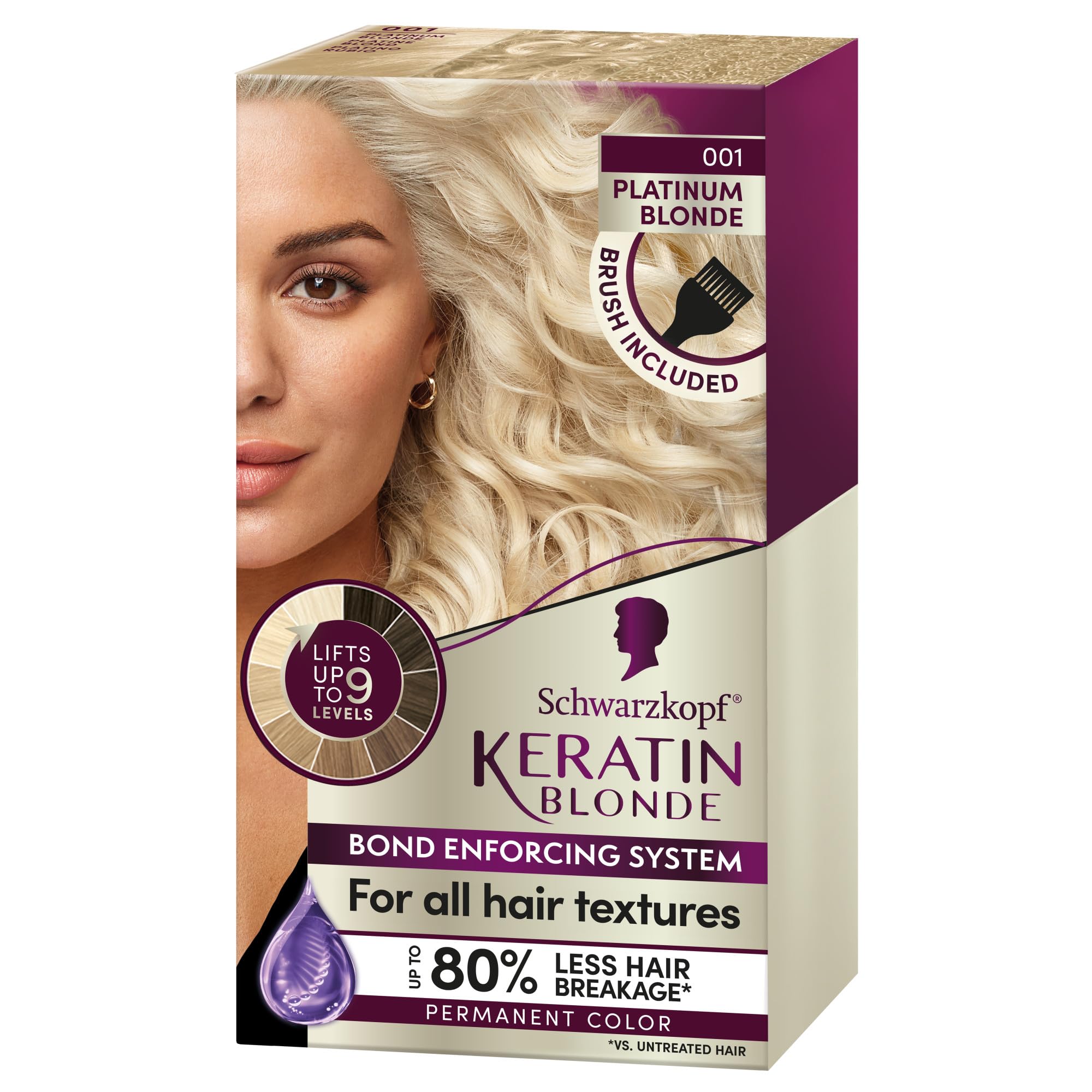 Schwarzkopf Keratin Blonde Hair Dye Platinum Blonde 001, Ultra Lightening Kit, 1 Application - Hair Bleach Enriched with Keratin, Lightens up to 9 Levels and Protects Hair from Breakage**