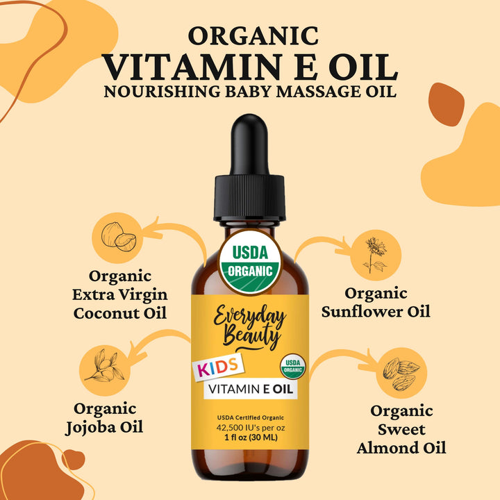 Organic Vitamin E Oil - Nourishing Baby Massage Oil for Moisturizing Dry Skin - Fragrance Free & All Natural Plant Based, Lightweight Unscented Gentle Blend - 1 fl oz Glass Bottle With Glass Dropper