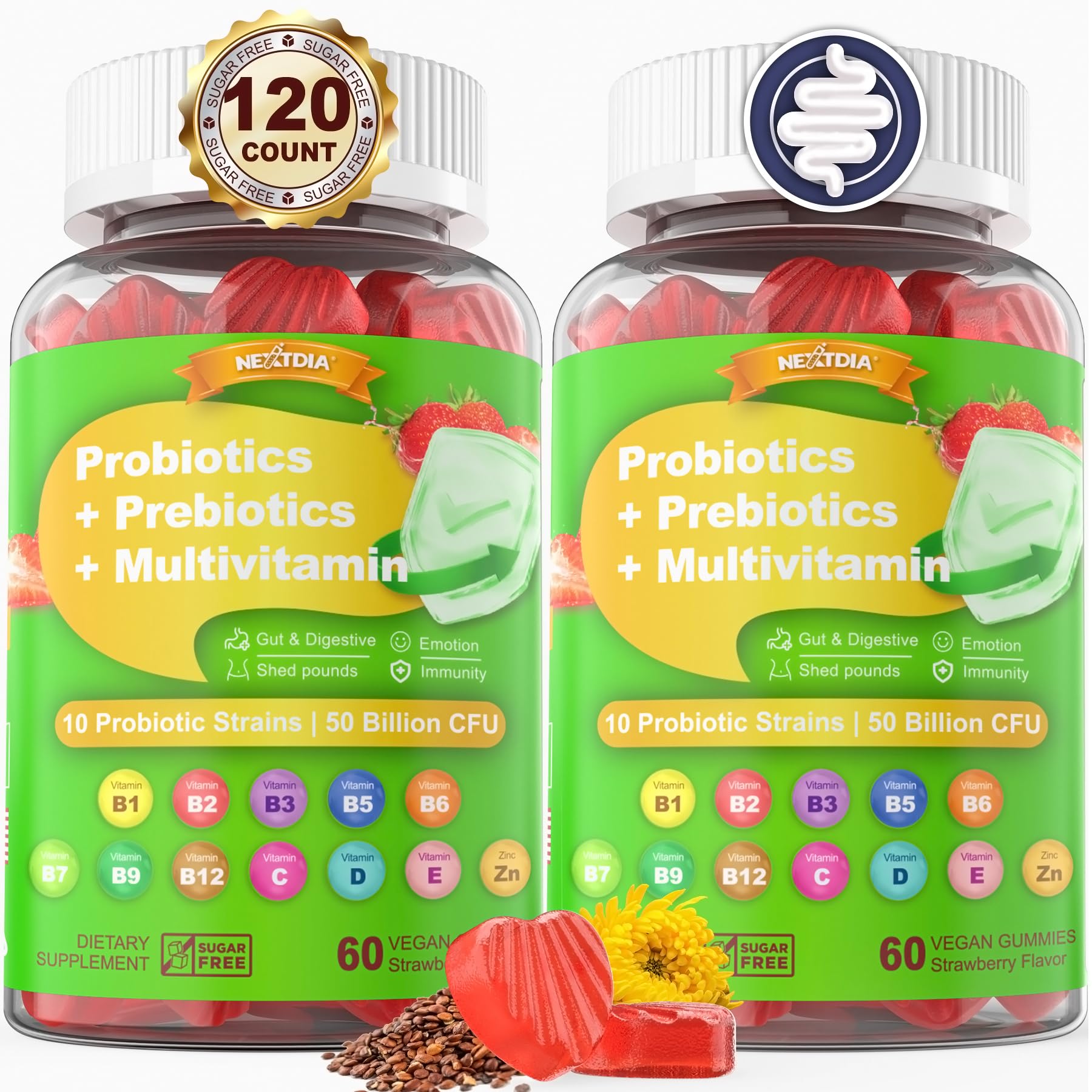Probiotics Gummies for Women & Men - Fiber Probiotics Gummies with Prebiotics | 50 Billion CFUs Probiotics, Inulin, Psyllium Husk & Multivitamin for Gut, Digestion & Immune Health, Vegan, 2 PACK