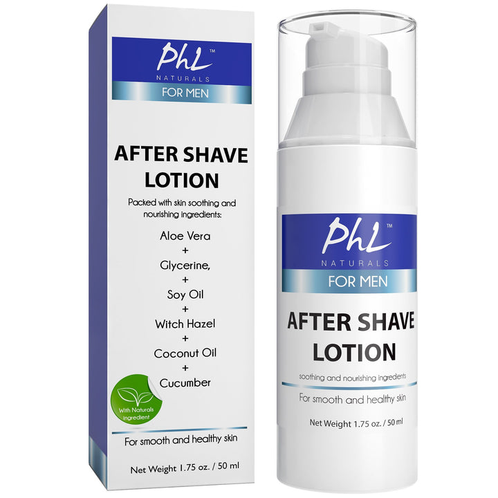 PhL Naturals Unscented Natural After Shave Lotion for Men - Soothes Irritation from Shaving, Moisturizes and Repairs Skin, Prevents Razor Burn, Leaves Skin Feeling Smooth and Soft 1.75 oz