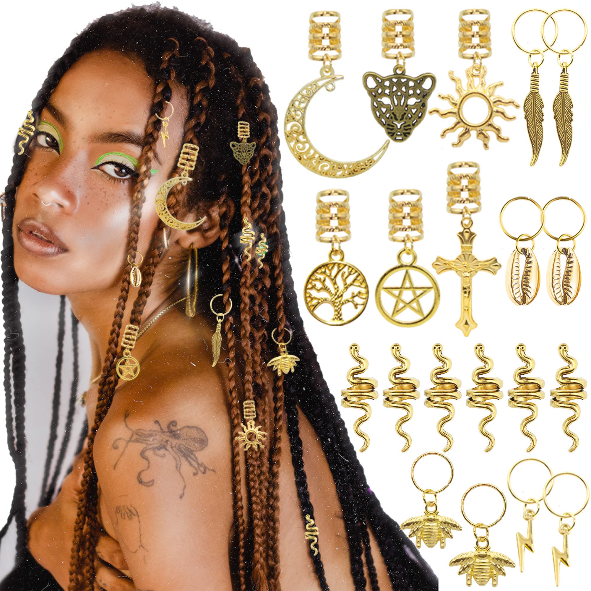 NAISKA 12PCS Moon Hair Accessories Braid Beads Dreadlocks Loc Jewelry for Braids Hair Clip Decoration Hair Beads Cuffs Coils Rings Pendantsï¼Ë†Gold & Silverï¼â€°