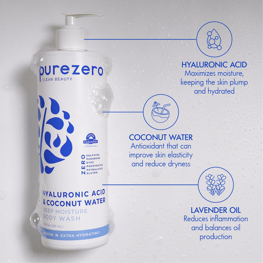 Purezero Hyaluronic Body Wash Deep Moisture - 24hr Lotion Soft Skin Hydration - Moisturizing Skin Cleanser + Coconut Water - No Sulfates, Parabens, Dyes 20 oz
