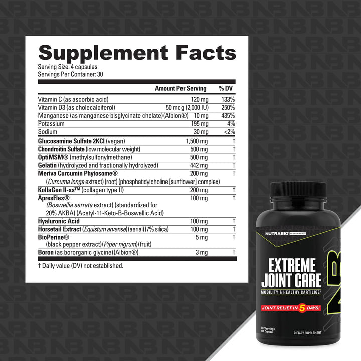 NutraBio Extreme Joint Care - Joint Support Supplement for Joint Relief, Pain-Free Movement - Supports Healthy Joints, Mobility, and Cartilage- Full Joint and Musculoskeletal Support - 120 Capsules