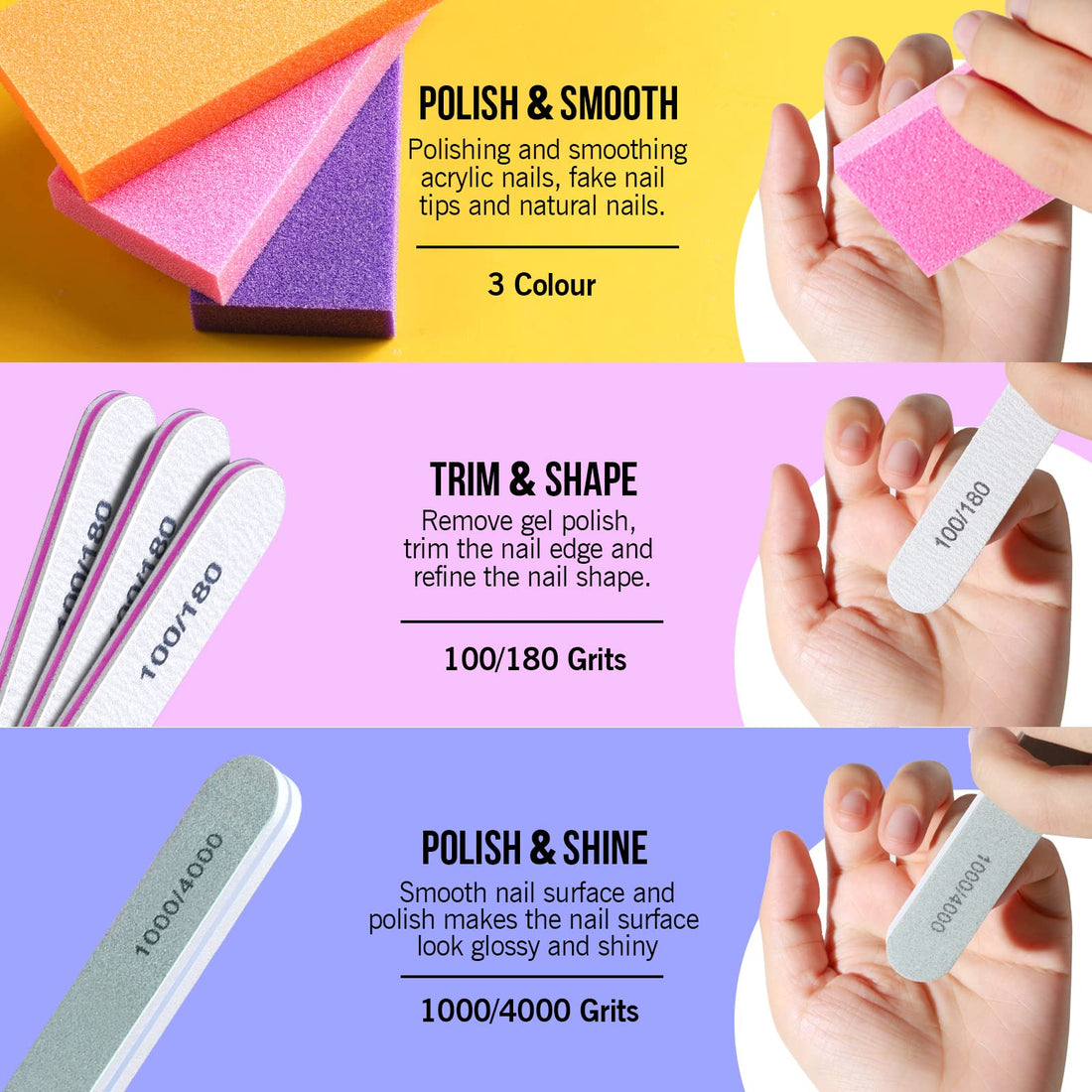 FANDAMEI Nail Buffers and Files - Professional Nail Care Kit with Rectangular Buffer Blocks, 100/180 & 1000/4000 Grit Files