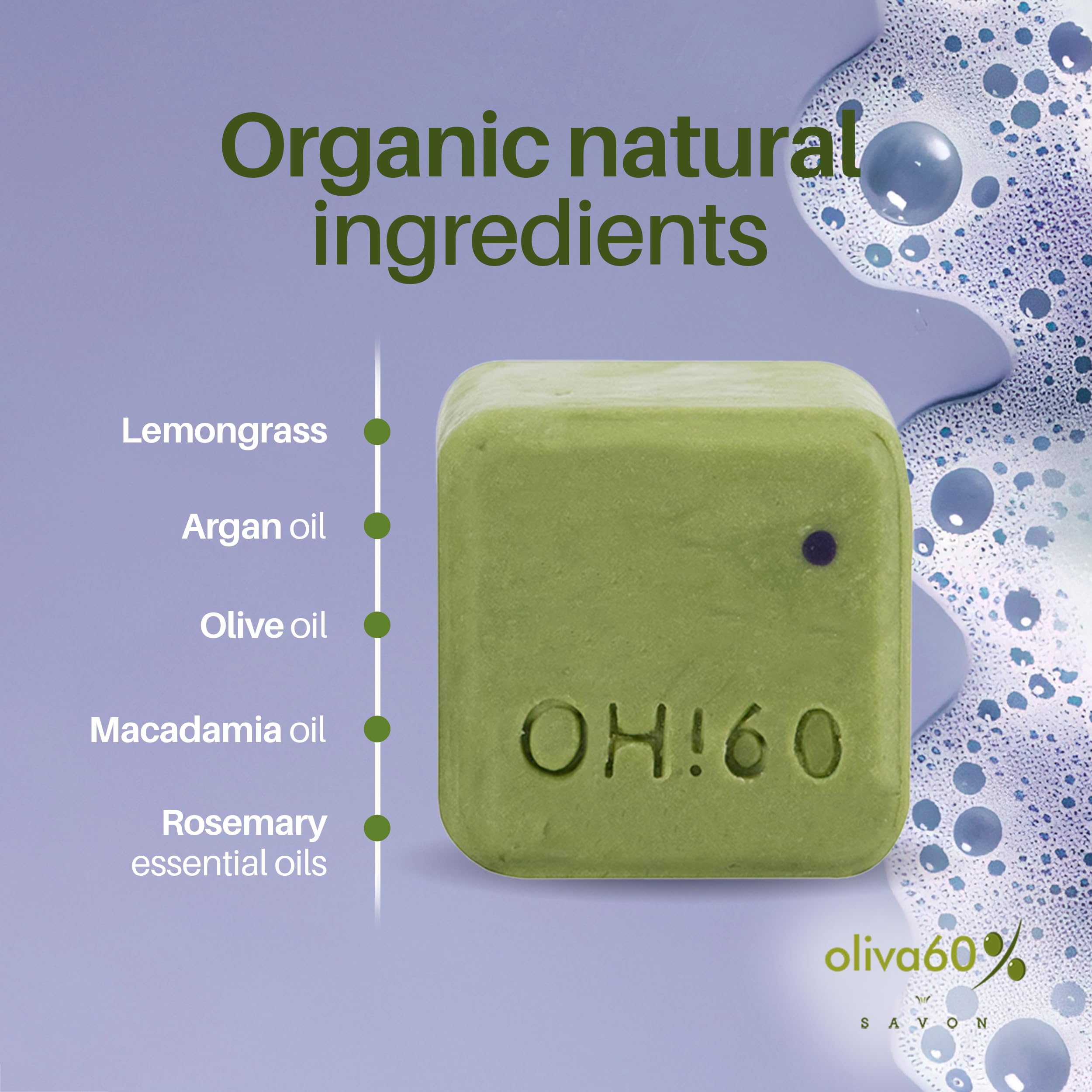 Shampoo Bar Lemongrass Rosemary - Olive, Argan, Macadamia Oil | Sulfate & Paraben Free | Organic Natural Hair Care | 3.5 oz | Shampoo for Oily Hair | No Plastic Waste | Oliva 60