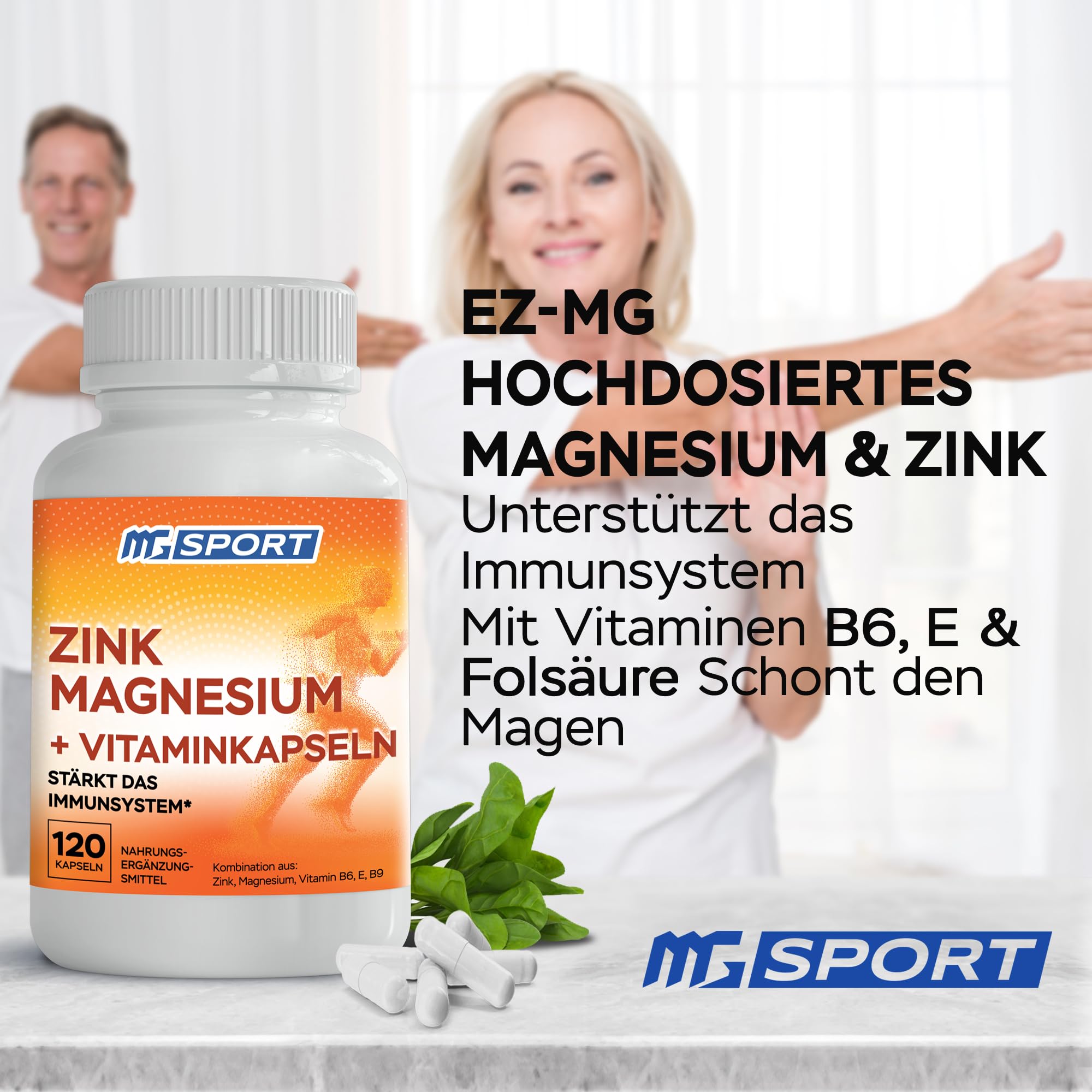 MgSport Magnesium Zinc Supplement with Vitamins B6, B9, High Absorption Zinc Magnesium Combination for Immune Support, Muscle Recovery, EZ-MG Easy on Stomach, 120 Capsules