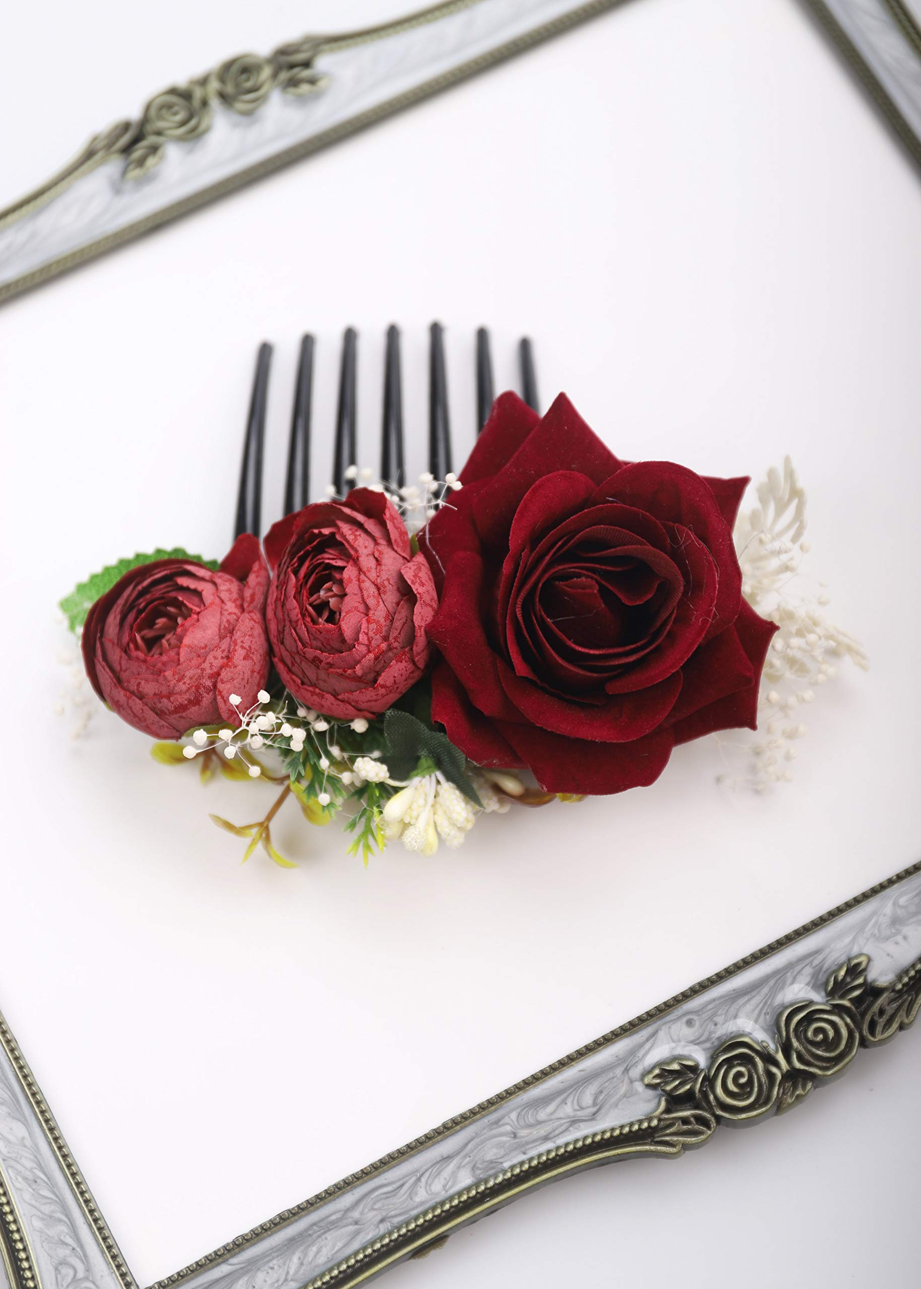 Kercisbeauty Red Rose Burgundy Hair Comb for Brides Wedding Bridal Vintage Headband Burgundy Floral Comb Festival Headpiece Women Girls Party