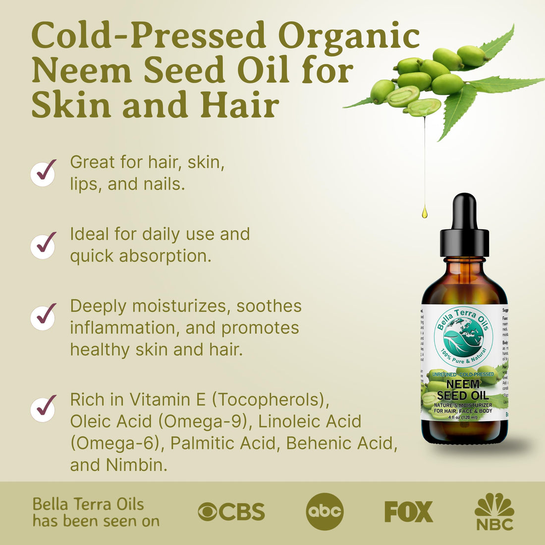 Neem Oil 16 oz 100% Pure Cold-pressed Unrefined Organic - Bella Terra Oils