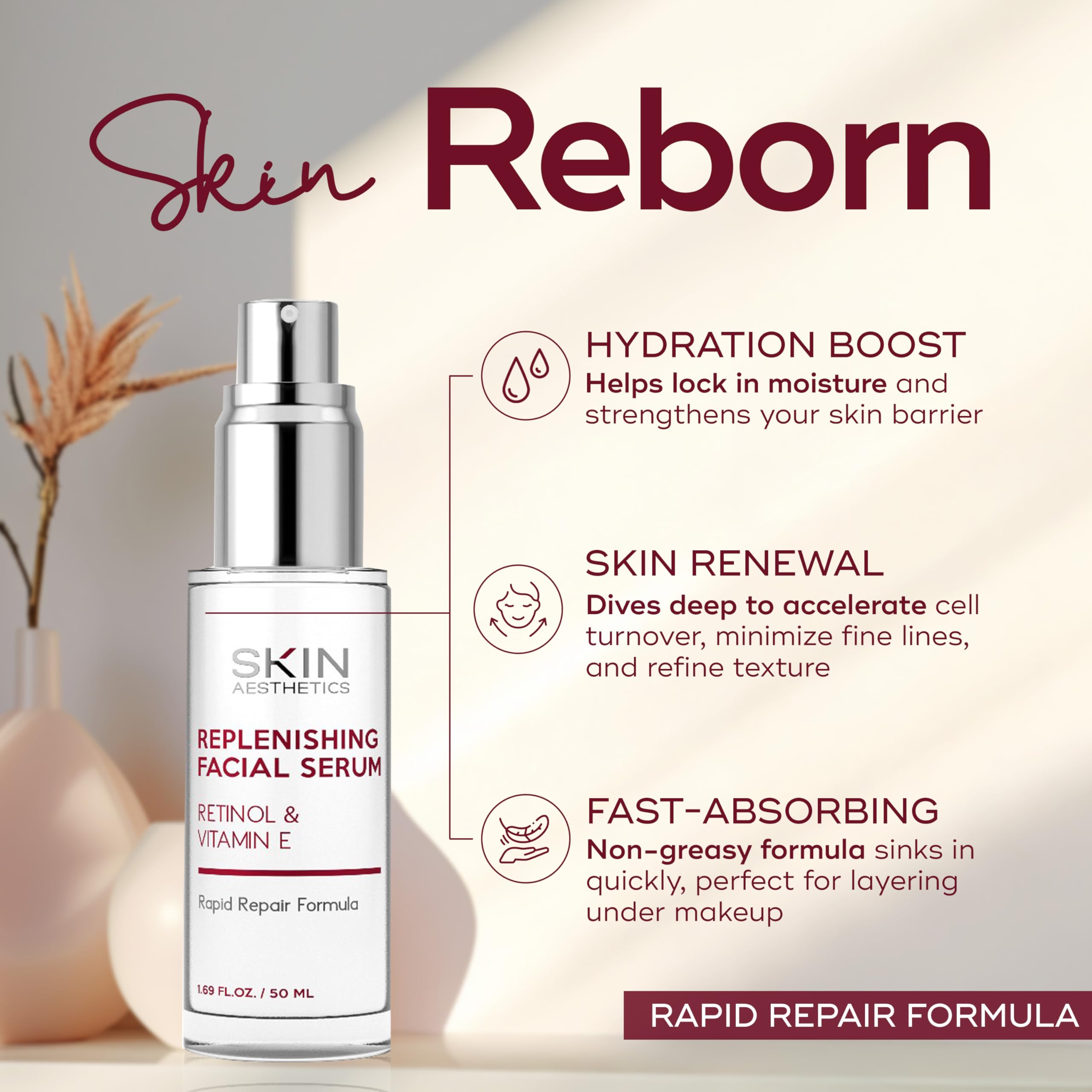 Skin Aesthetics Retinol & Vitamin E Face Serum - Anti-Aging, Blemishes, Fine Lines & Wrinkles Treatment - Dermatologist Tested Korean Skincare - Clean Beauty, Cruelty-Free - 1.69 oz