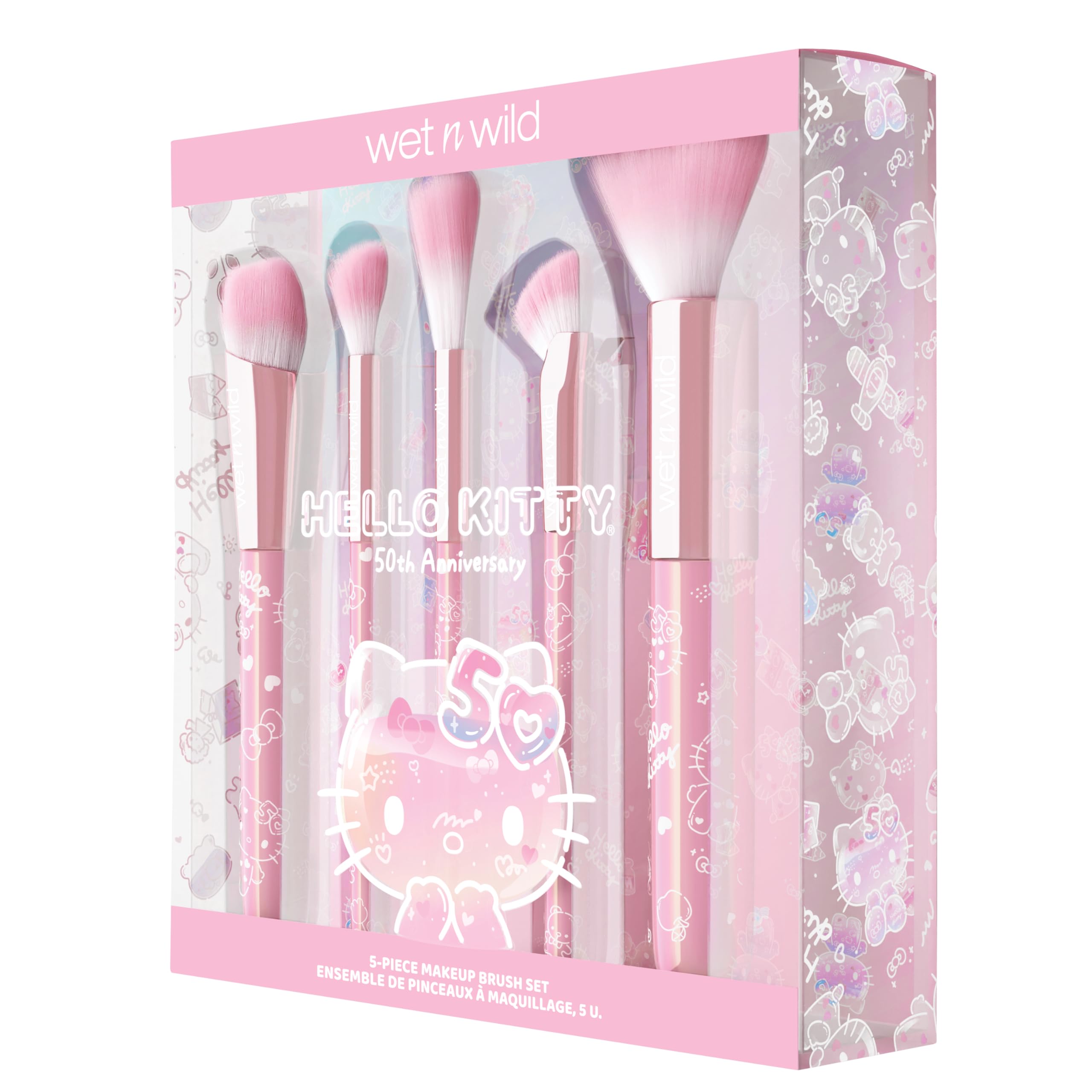 wet n wild Hello Kitty 5-Piece Makeup Brush Set, Buildable & Blendable Multifunctional Seamless Application, Cruelty-Free & Vegan Feathery Soft Bristles