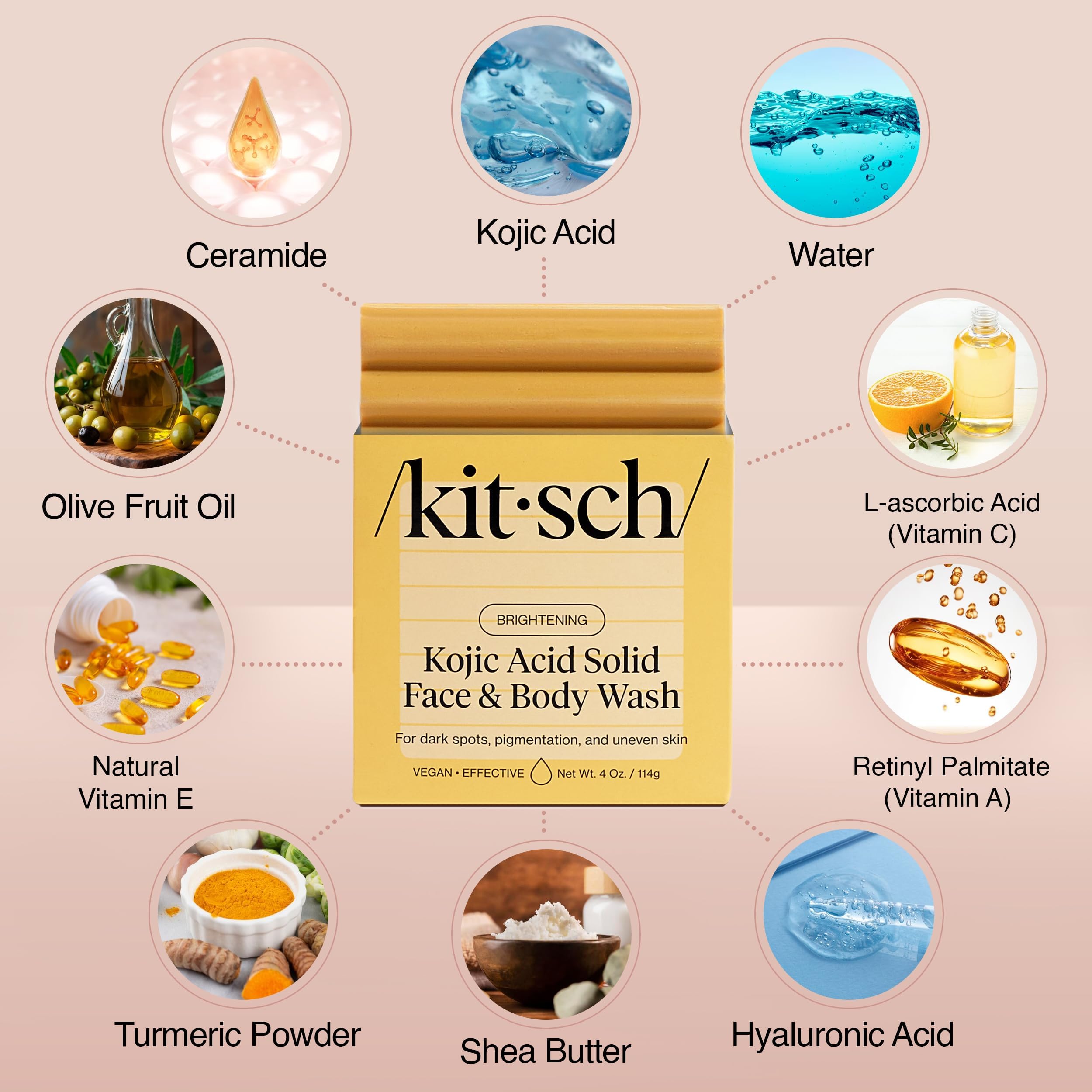 Kitsch Kojic Acid Soap – Turmeric Soap Bar with Hyaluronic Acid & Shea Butter – Brightening & Hydrating Body Wash & Face Wash for Dark Spots, Even Skin Tone & Natural Glow - Made in USA - 4 oz