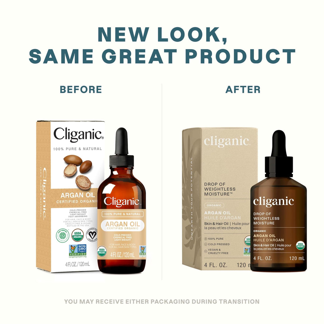 Cliganic USDA Organic Argan Oil, 100% Pure | for Hair, Face & Skin | Natural Cold Pressed Carrier Oil, Imported from Morocco (Packaging May Vary)