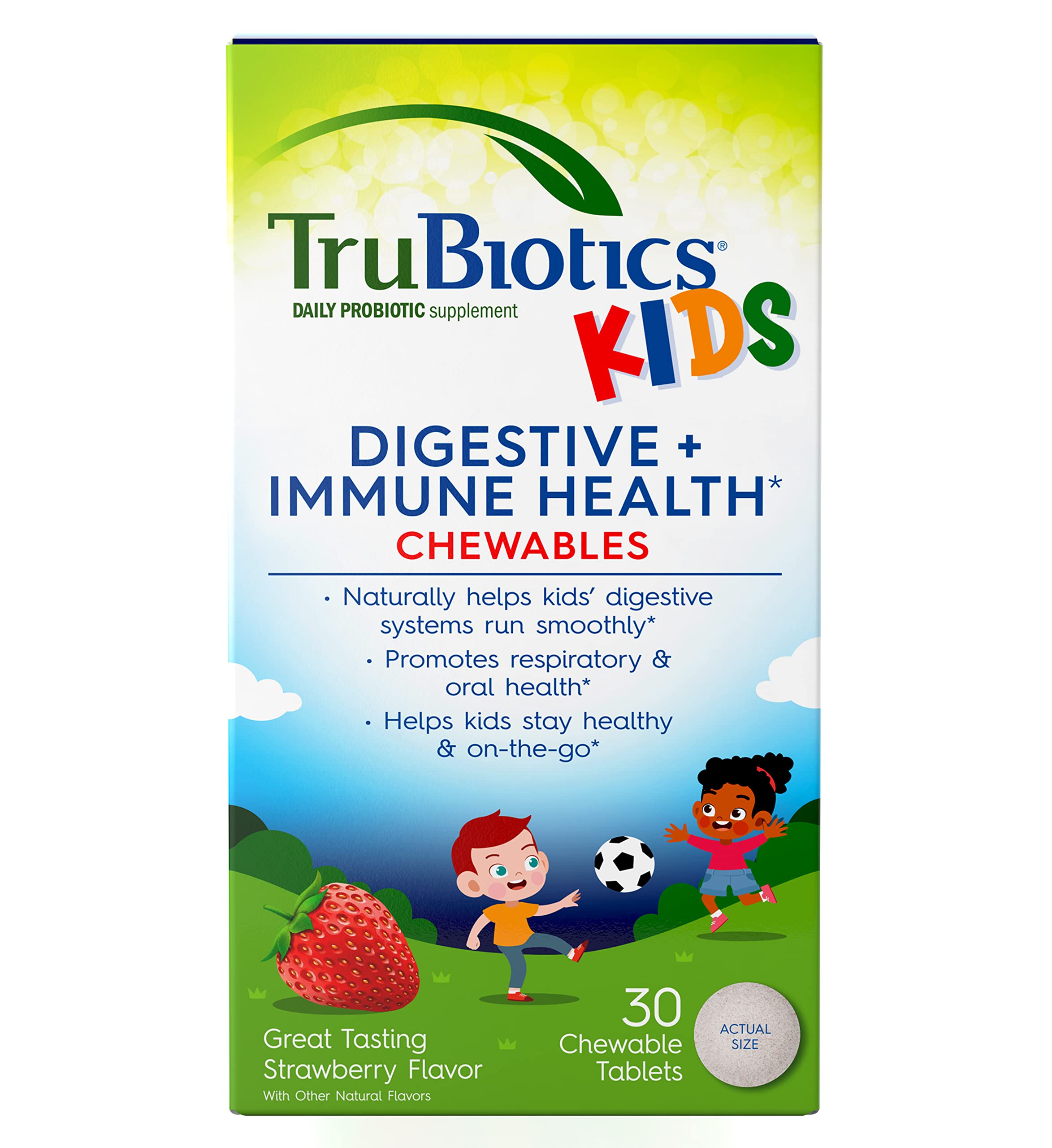 TruBiotics Probiotics for Kids Digestive & Immune Health Support, Sugar-Free Chewable Kids Probiotic to Help Maintain a Healthy Tummy, Natural Strawberry Flavor, 30 Tablets