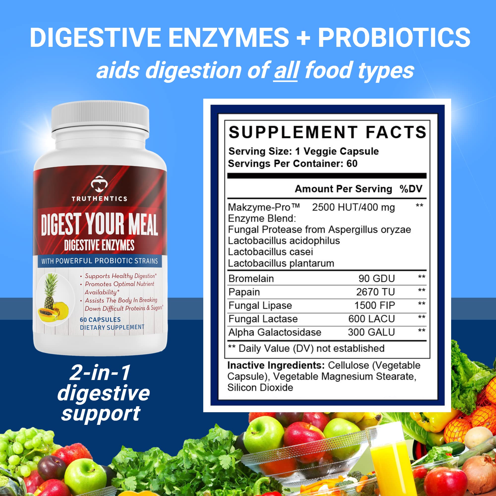 TRUTHENTICS Digestive Enzymes Plus Probiotics & Prebiotics with Bromelain, Lactase, Galactosidase, Acidophilus - Vegan Digestion Aid, Constipation Bloating & Gas Relief for Men & Women - 60 Capsules