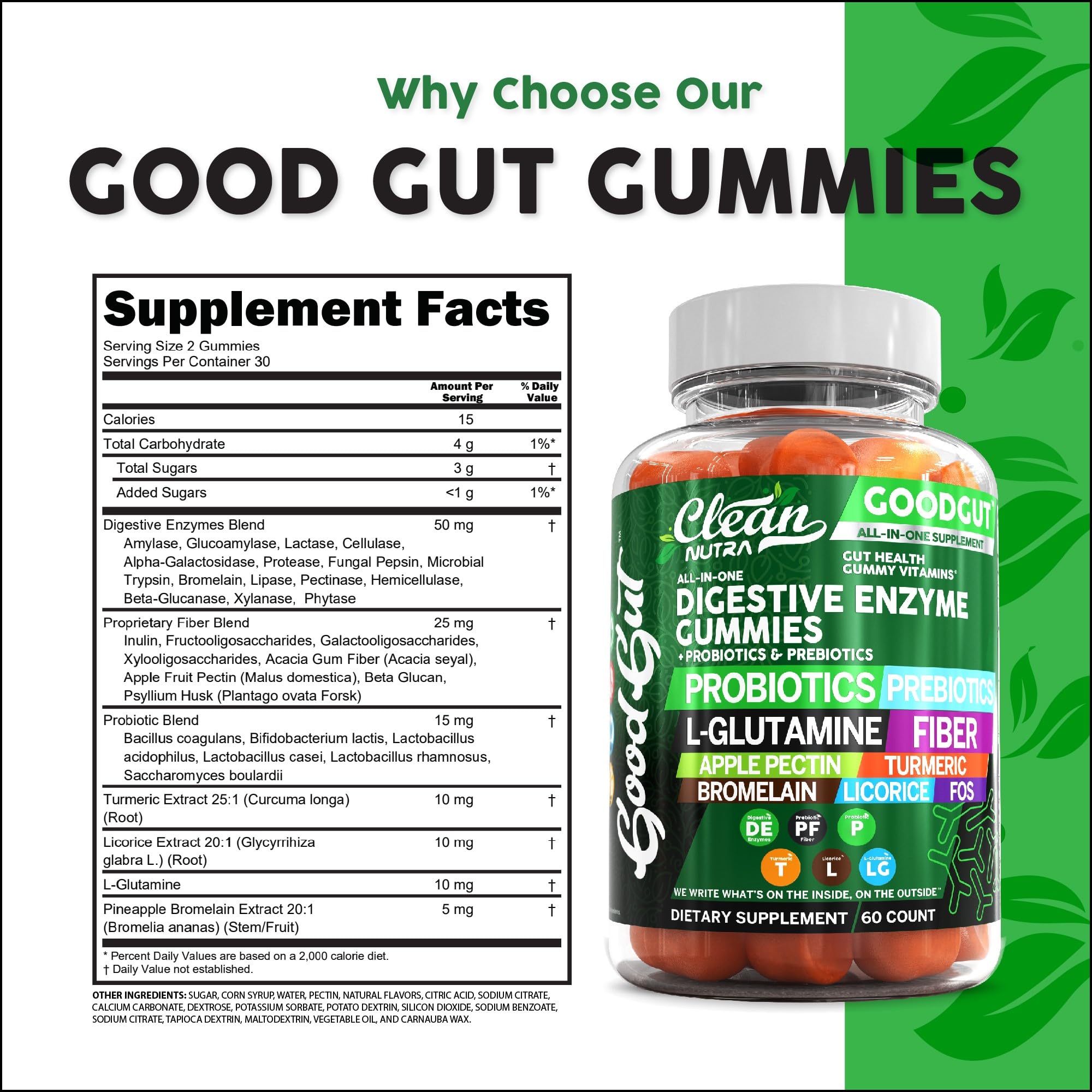 Digestive Enzymes with Probiotics and Prebiotics For Digestive Health Gummies + L-Glutamine For Gut Health Bromelain Turmeric Licorice Fiber Apple Pectin Inulin FOS Plant Pased Vegan Gummy Vitamins