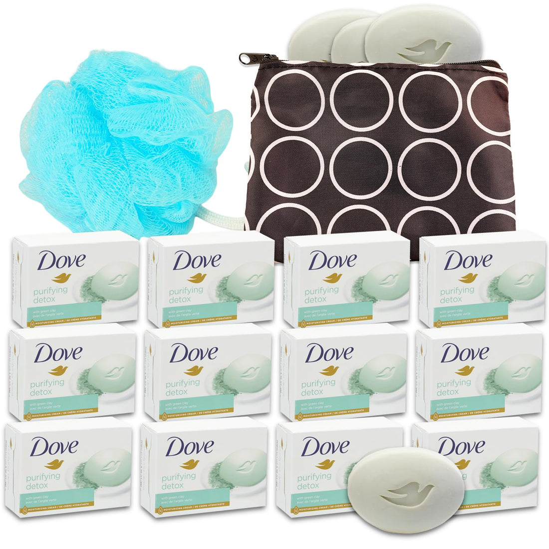 Dove Bar Soap Pack - Dove Bar Soap 12 Pack Bundle with Dove Purifying Detox with Green Clay 3.5 Oz Soap Bars Pack with Bonus Travel Bag and Loofah | Dove Body Wash for Men, Women