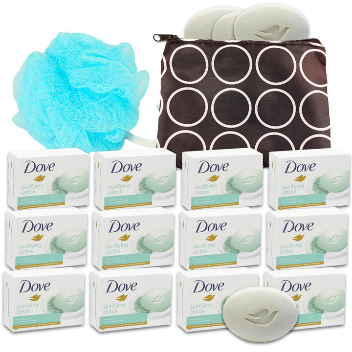Dove Bar Soap Pack - Dove Bar Soap 12 Pack Bundle with Dove Purifying Detox with Green Clay 3.5 Oz Soap Bars Pack with Bonus Travel Bag and Loofah | Dove Body Wash for Men, Women