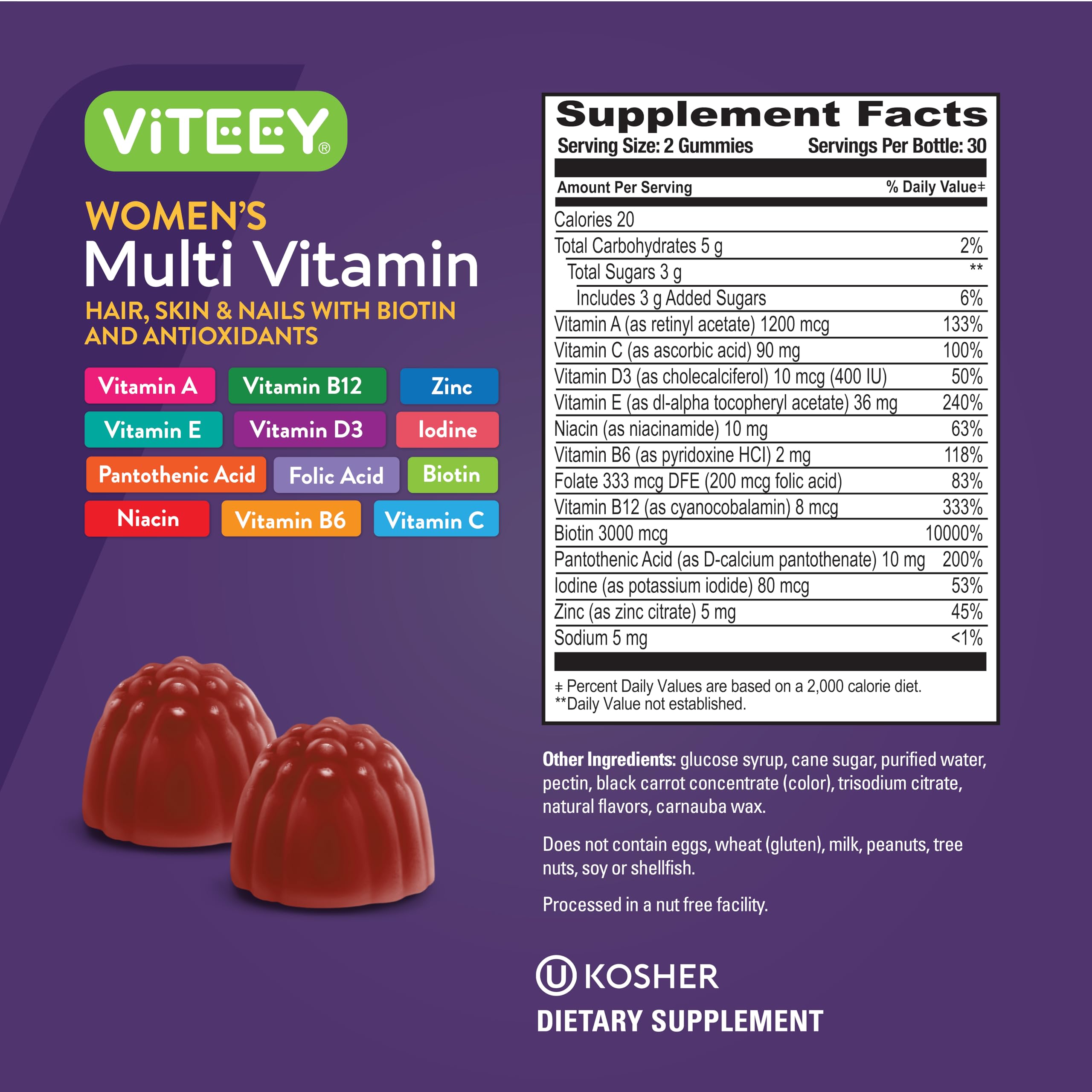 Womens Multivitamin Gummies - Immune Support - 12 in 1 Essential Daily Vitamins & Minerals - Vitamin A, C, D3, E, B6, B12, Folic Acid, Biotin, Calcium, Zinc & More - Vegetarian - Raspberry Flavored