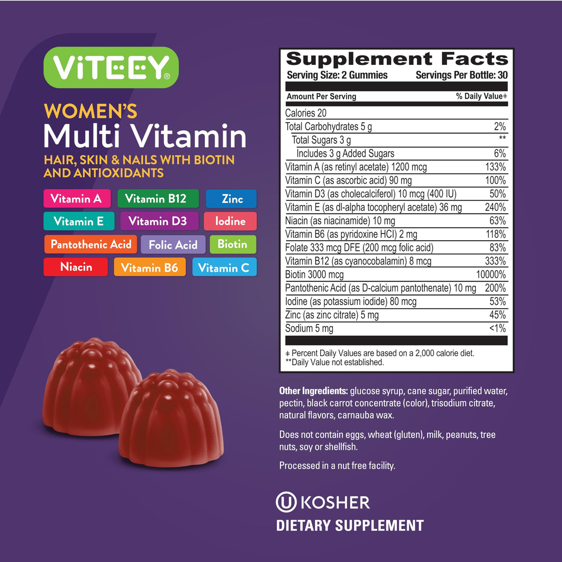 Womens Multivitamin Gummies - Immune Support - 12 in 1 Essential Daily Vitamins & Minerals - Vitamin A, C, D3, E, B6, B12, Folic Acid, Biotin, Calcium, Zinc & More - Vegetarian - Raspberry Flavored