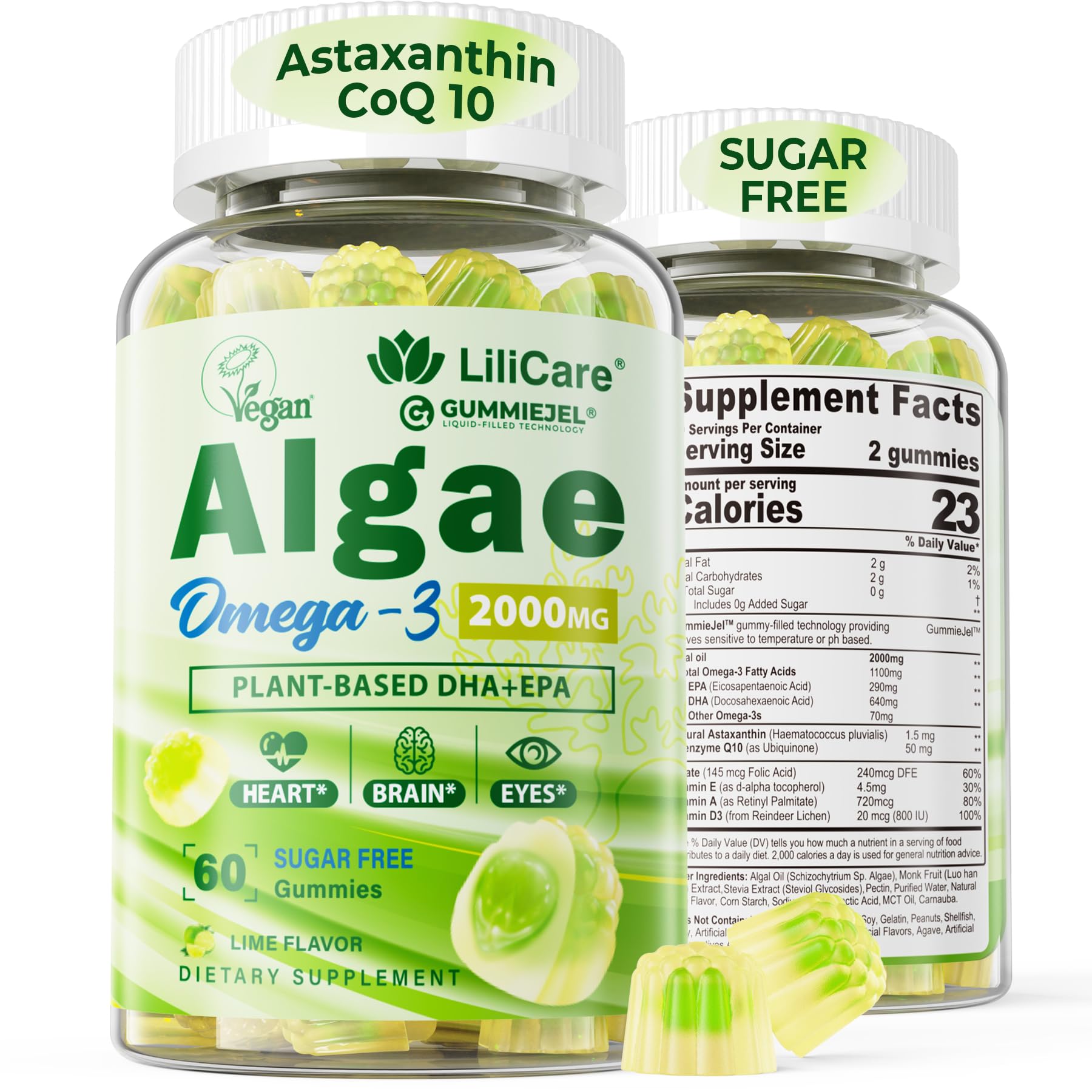 Vegan Omega 3 Supplement Gummies 1100mg, Algae DHA 640mg & EPA 290mg from Marine, with CoQ10, Astaxanthin, Vitamin E, A, D3 for Brain, Eye, Bone, Fish Oil Supplements, Sugar Free 60 Counts