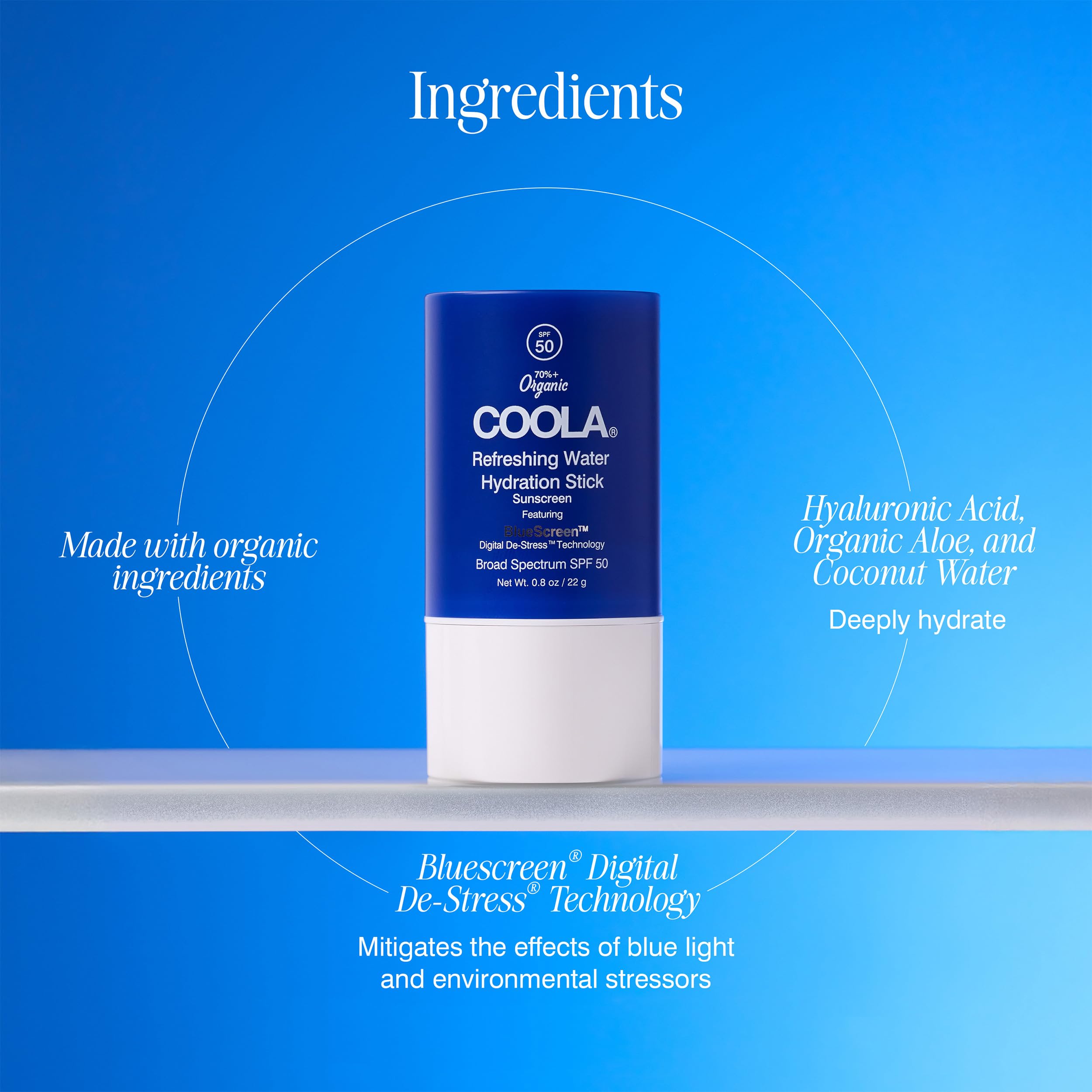COOLA Organic Refreshing Water Stick Face Moisturizer with SPF 50, Dermatologist Tested Face Sunscreen with Plant-Derived BlueScreen Digital De-Stress Technology, 0.8 Oz