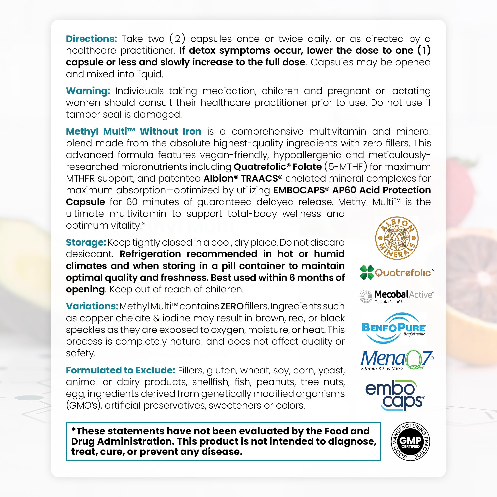 Methyl Multi Without Iron Methylated Multivitamin for Men & Women, 120-Day Supply | Methyl B12 & Methylfolate (5-MTHF) for MTHFR Support | Pharma Grade Multivitamin & Multimineral For Health, 240 Caps