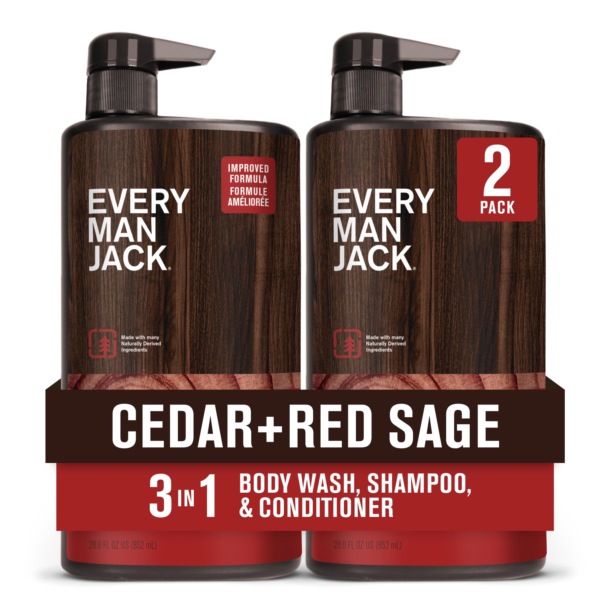 Every Man Jack Cedar + Red Sage Hydrating Mens 3-in-1 All Over Wash for All Skin and Hair Types - Body Wash, Shampoo and Conditioner with Naturally Derived Ingredients - 28.8oz (2 Pack)