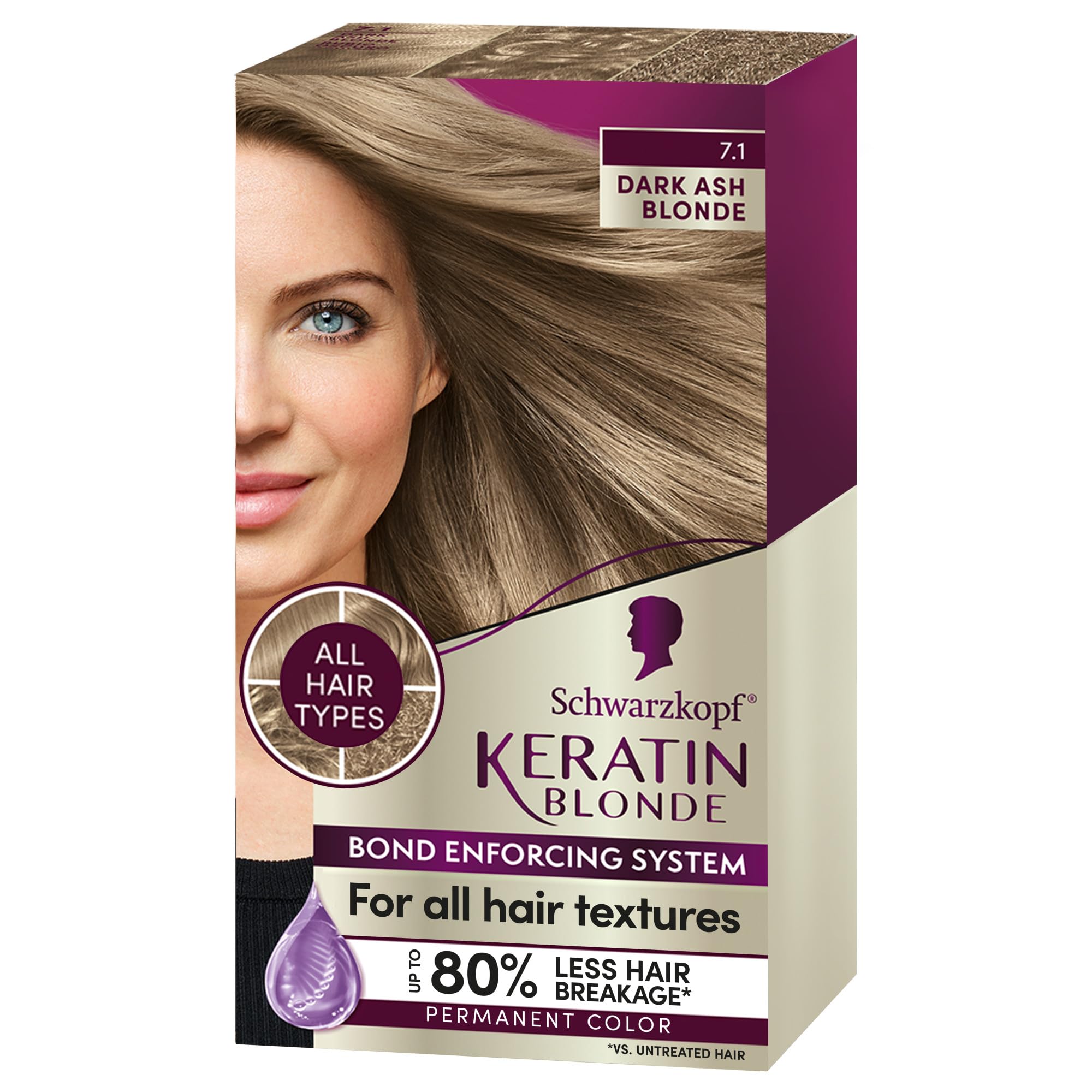 Schwarzkopf Keratin Color Permanent Hair Color, 7.1 Dark Ash Blonde, 1 Application - Professionally Inspired Permanent Hair Dye, for up to 80% Less Breakage vs Untreated Hair and up to 100% Gray Cover