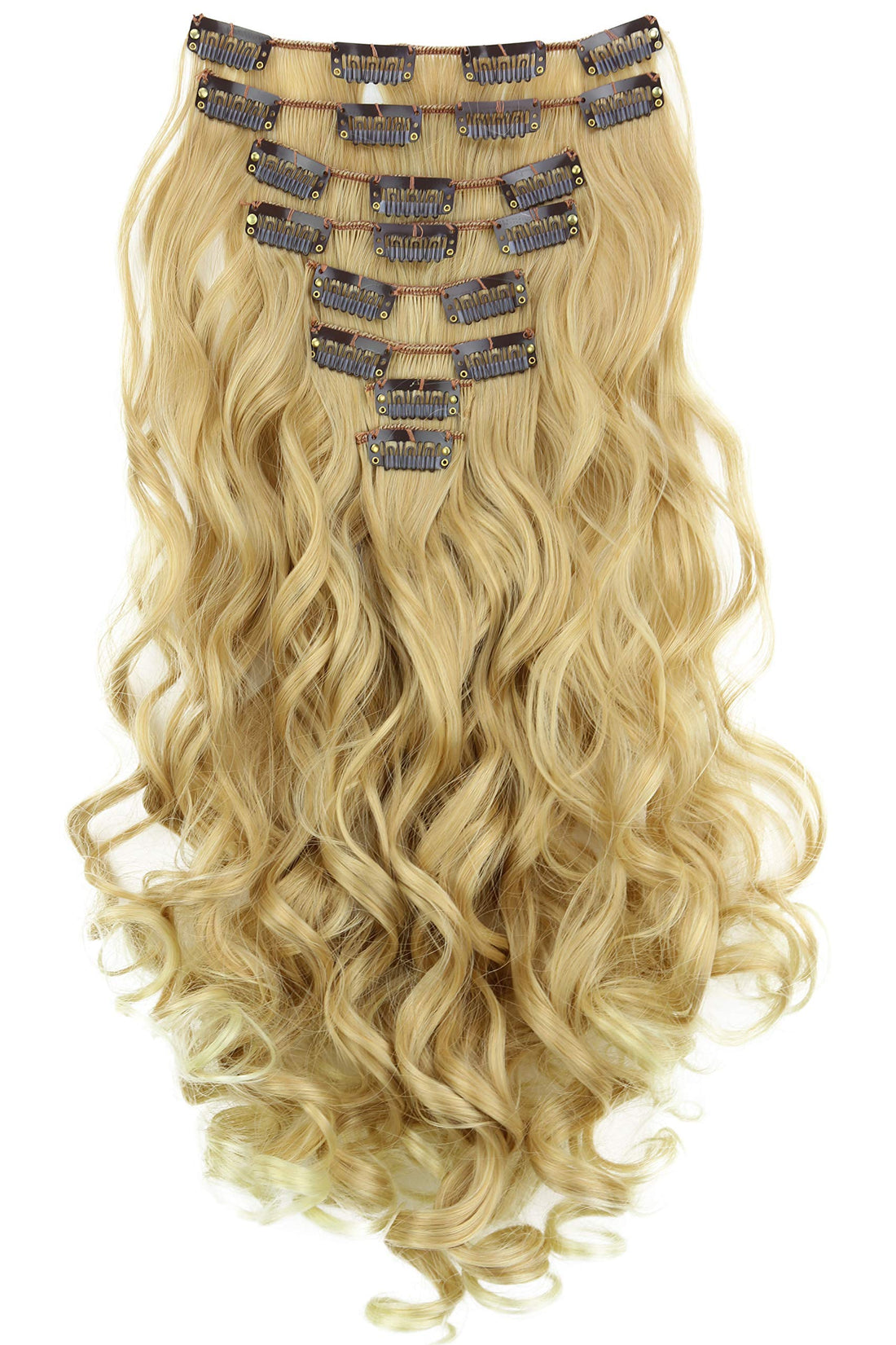 PRETTYSHOP XXL Set 8 pcs 24 Clip In Hair Extensions Full Head Hairpiece Wavy Curled Or Straight Heat-Resisting Div. Colors (blonde mix curled #27T613 CES4-1)