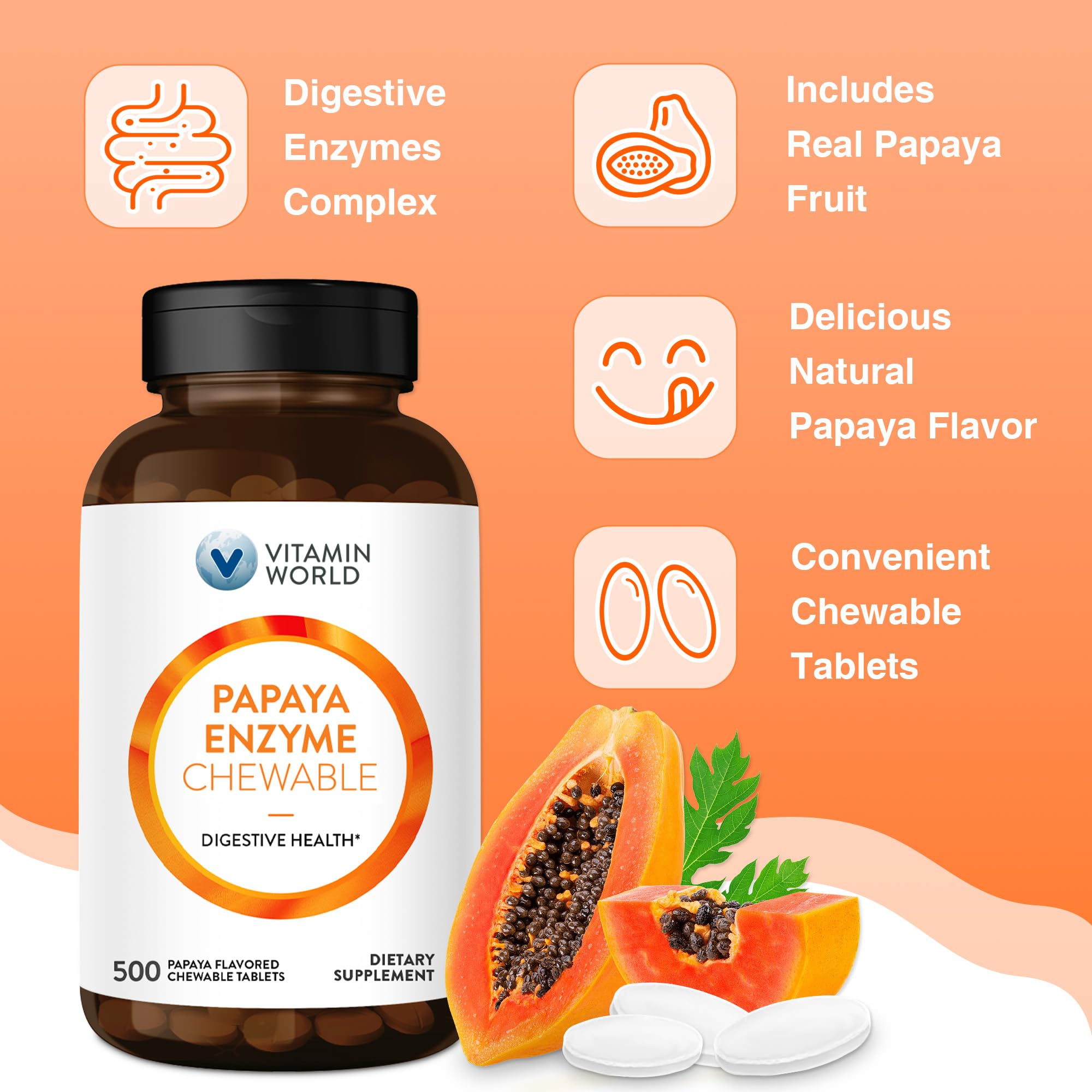 Vitamin World Papaya Enzymes Chewable Tablets - Papain, Amylase & Protease for Digestion & Nutrient Absorption, Papaya Flavor, Gluten Free, 500 Count