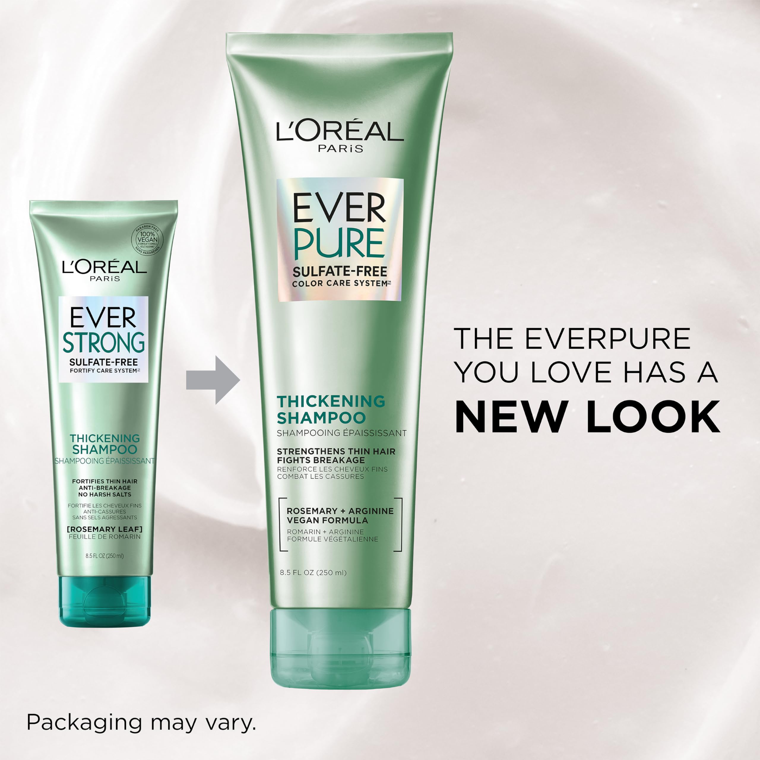 L'Oreal Paris Thickening Sulfate Free Shampoo, Thickens + Strengthens Thin, Fragile Hair, Hair Care with Rosemary Leaf, EverPure, 8.5 Fl Oz (Packaging May Vary)